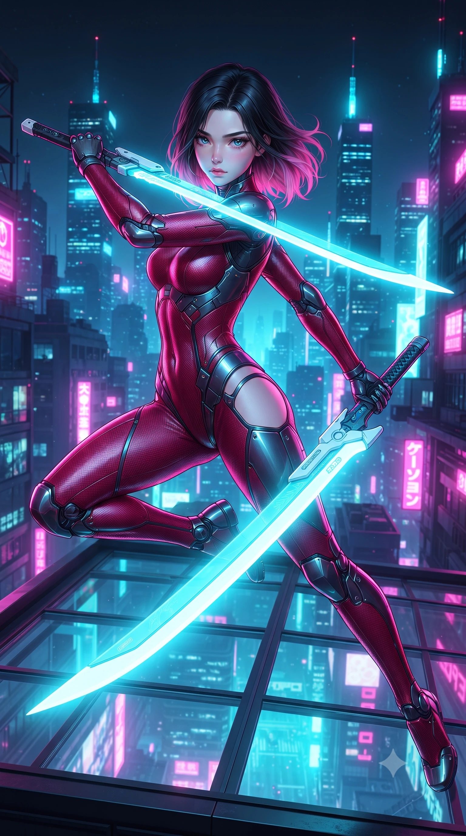 score_9, masterpiece, best quality, ultra-detailed, high-budget anime keyframe, editorial fashion photography, tasteful artistic composition, Korean woman. close-up cowboy shot from the waist and thighs up, the character dominates the composition, filling the frame with her large presence. twisting her upper body in a dynamic S-curve combat stance, one hand steadying her weapon with commanding supermodel allure while leaping gracefully across a rooftop glass skylight with plasma katana extended, creating a brilliant arc of electric light. The surrounding environment is rendered in vivid detail and crisp panoramic clarity. intricate cybernetic katana hilt engravings, skyscraper antenna beacons, and neon city reflections in high clarity. She has an exceptionally elegant, slender, and willowy female figure with an ultra-slim waist, a gracefully sculpted slender torso, toned flat midriff, and a refined slim silhouette. sharp v-shaped jawline, high-bridge nose, intricate jewel-like eyes with depth, thick eyelashes, glossy lips with a natural sheen, flawlessly proportioned anatomical accuracy, strict slender model proportions, natural body alignment, perfectly sculpted long slender limbs, ultra-slim waistline, clean dynamic posture without body distortion. wearing a skin-tight crimson carbon-weave combat leotard with metallic dark chrome plating and hip-accentuating cutouts, holding twin glowing high-frequency vibro-blades with effortless supermodel poise in glacial ice-cyan carbon mesh with pure white armor plates, crafted from ultra-strong woven carbon-fiber composite with a satin luster, finished with high-mobility articulation joints and miniature magnetic armor locks, the form-contouring material adhering flawlessly to her sculpted flat midriff and slender torso, emphasizing her long leg lines and perfectly proportioned willowy build. bathed in vivid high-contrast neon cyan and magenta city backlighting with electric blade glow. ultra-reflective glossy finish, specular highlights, dark metallic sheen, high-contrast stereoscopic depth, volumetric dynamic lighting, 2k, ultra detail, master piece, 9:16 ratio