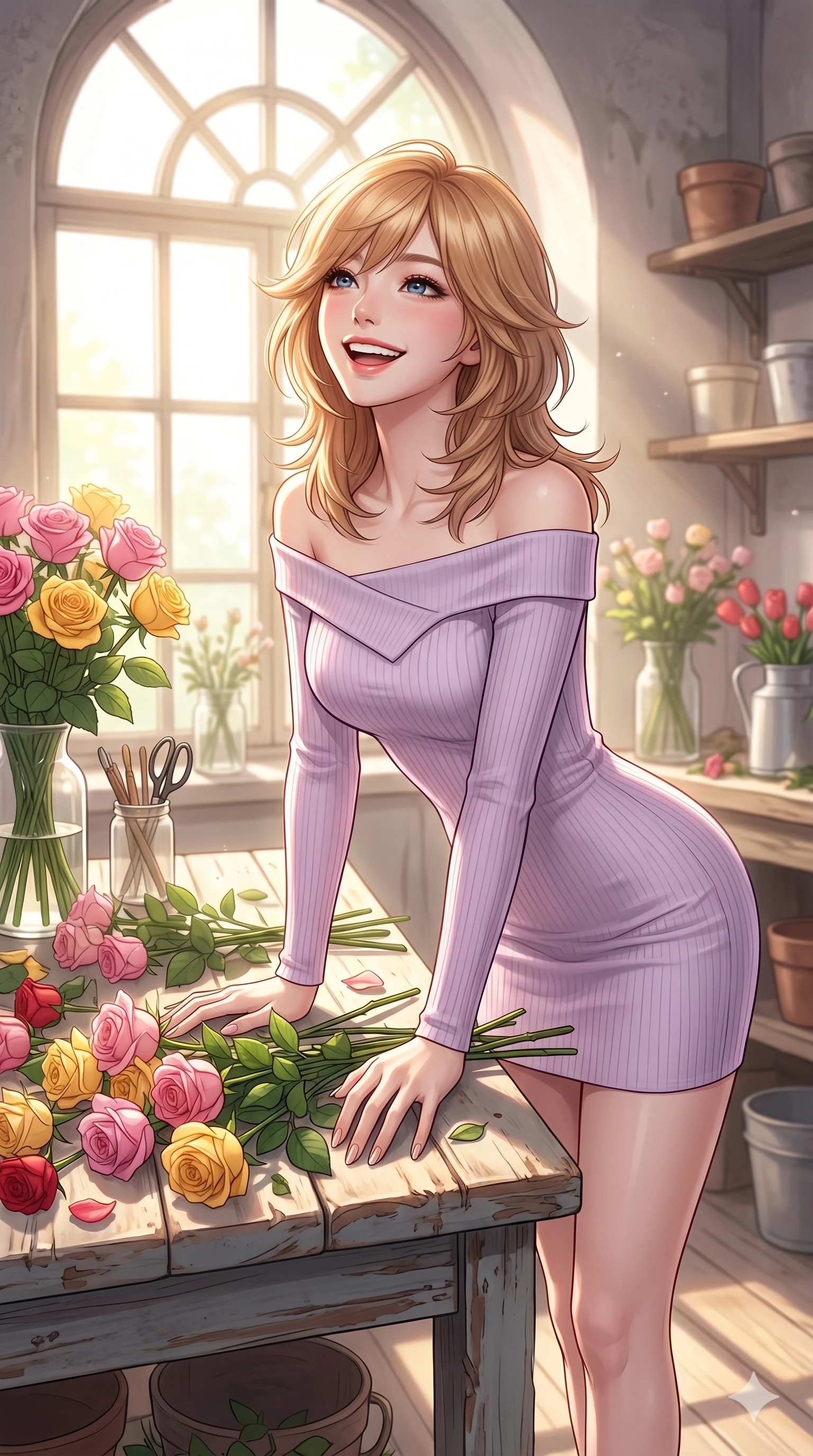 score_9, masterpiece, best quality, ultra-detailed, high-budget anime keyframe, editorial fashion photography, tasteful artistic composition, Korean woman. cowboy shot from the thighs up, character and outfit filling the frame for maximum editorial presence. looking up with a happy, beaming expression, her lips parted in a joyful smile leaning over a rustic wooden table covered in freshly cut sunlit roses in a flower workshop. She has an absolutely perfect 8-heads proportion, an exceptionally tall and slender female figure with impossibly long slender legs and an ultra-slim waist. V-shaped jawline, high-bridge nose, intricate jewel-like eyes with depth, thick eyelashes, glossy lips with a natural sheen. wearing a soft lilac ribbed bodycon dress with a graceful asymmetric collar line and bare shoulders. bathed in brilliant morning sunshine streaming through a large arched window. 2k, ultra detail, master piece, 9:16 ratio
