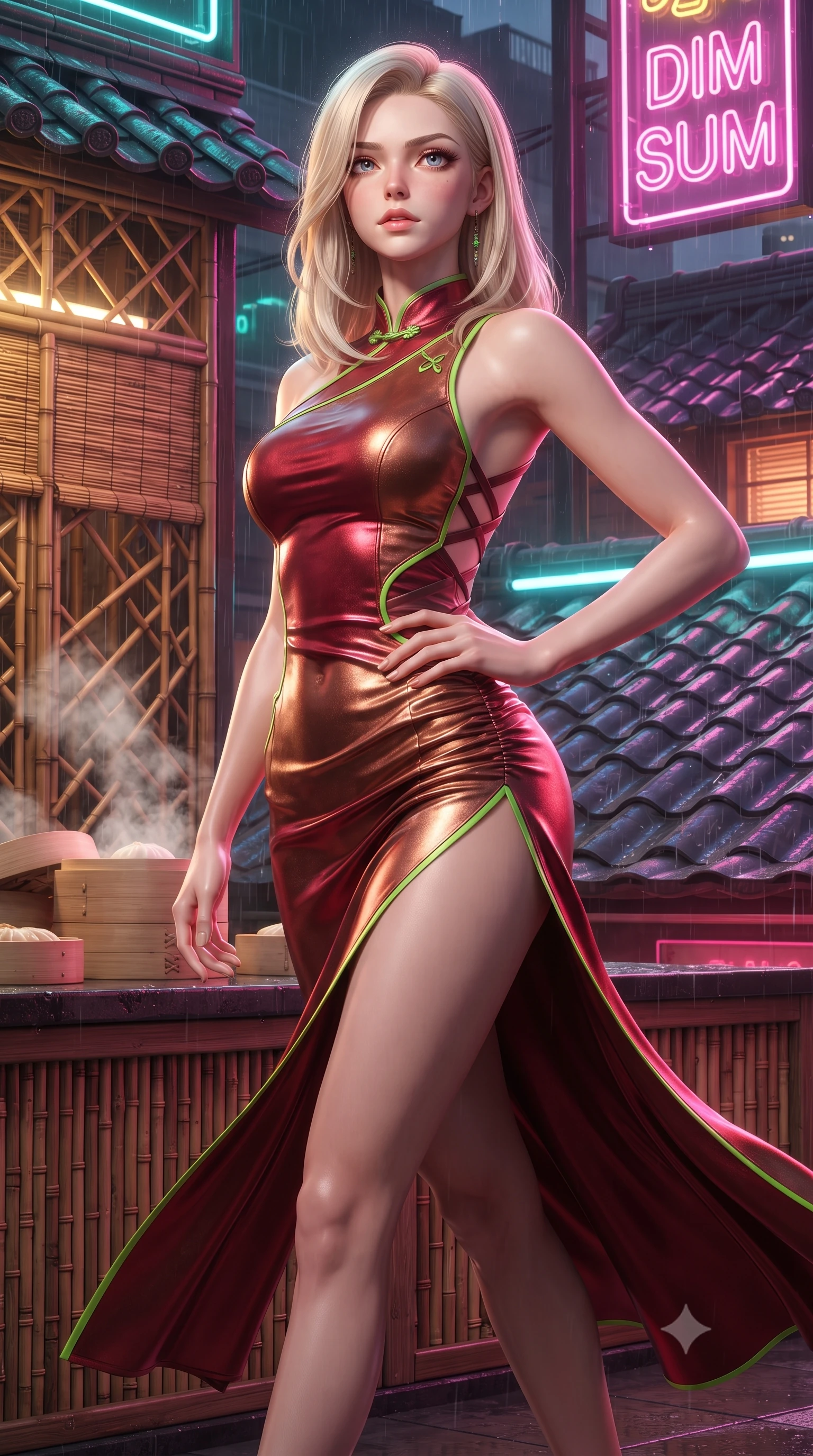 score_9, masterpiece, best quality, ultra-detailed, high-budget anime keyframe, editorial fashion photography, tasteful artistic composition, Caucasian woman. close-up cowboy shot from the waist and thighs up, the character dominates the composition, filling the frame with her large presence. tilting her chin up with proud, sovereign allure while gazing through thick eyelashes, one hand resting on her waist in pure supermodel charisma while striding across the neon-drenched rooftop deck as steam curls from dim sum bamboo steamers, her high-slit dress fluttering to reveal her long slender legs. The surrounding environment is rendered in vivid detail and crisp panoramic clarity. sharp bamboo lattice textures, wet ceramic roof tiles, and glowing neon tube reflections in deep focus. She has an exceptionally elegant, slender, and willowy female figure with an ultra-slim waist, a gracefully sculpted slender torso, toned flat midriff, and rounded feminine hips creating an alluring hourglass silhouette. sharp v-shaped jawline, high-bridge nose, intricate jewel-like eyes with depth, thick eyelashes, glossy parted lips with a natural sheen, intensely captivating and seductive bedroom-eyes expression, flawlessly proportioned anatomical accuracy, strict slender model proportions, natural body alignment, perfectly sculpted long slender limbs, ultra-slim waistline, clean dynamic posture without body distortion. wearing an asymmetric one-shoulder metallic qipao gown with neon green accents and hip-defining ruching in rich crimson silk and liquid bronze, crafted from supple second-skin lambskin leather with liquid drape, finished with criss-cross back harness straps framing her bare spine, the second-skin form-contouring cut accentuating her sculpted flat midriff, narrow waistline, and dramatically curvy hips without adding bulk. illuminated by wet specular asphalt bounce lights sharply sculpting her narrow waist and rounded hips. ultra-reflective glossy finish, specular highlights, rich textural contrasts, high-contrast stereoscopic depth, volumetric dynamic lighting, 2k, ultra detail, master piece, 9:16 ratio