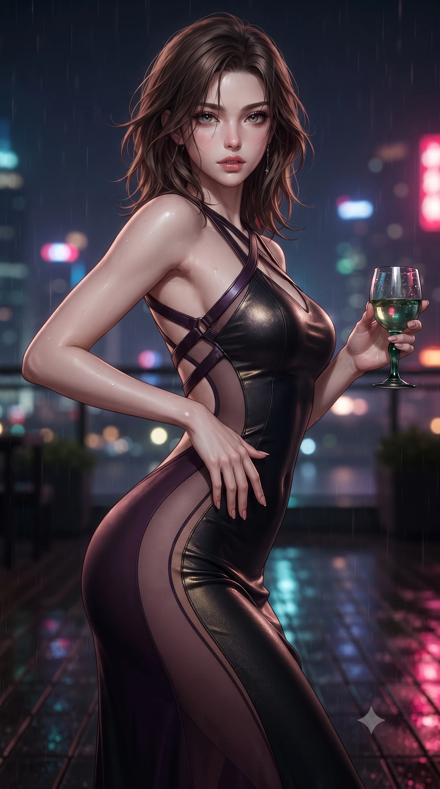 score_9, masterpiece, best quality, ultra-detailed, high-budget anime keyframe, editorial fashion photography, tasteful artistic composition, Korean woman. close-up cowboy shot from the waist and thighs up, the character dominates the composition, filling the frame with her large presence. resting one manicured hand delicately on her hip bone, her upper body turning in a fluid, seductive S-curve while parted lips glisten in the light while standing poised on the high-gloss parquet terrace, twisting her slender torso in an alluring S-curve while holding a jade-stemmed glass. The composition keeps background elements in soft focus with creamy bokeh. rain-slicked balcony reflections and neon light streaks scattering vivid chromatic light motes. She has an exceptionally elegant, slender, and willowy female figure with an ultra-slim waist, flat toned midriff, narrow ribcage, and sculpted feminine hips creating an alluring, slim hourglass silhouette without bulk. sharp v-shaped jawline, high-bridge nose, intricate jewel-like eyes with depth, thick eyelashes, glossy parted lips with a natural sheen, intensely captivating and seductive bedroom-eyes expression, flawlessly proportioned anatomical accuracy, strict slender model proportions, natural body alignment, perfectly sculpted long slender limbs, ultra-slim waistline, clean dynamic posture without body distortion. wearing a second-skin black silk jersey maxi dress with asymmetrical sheer mesh side panels tracing the full curve of her hip in deep plum violet and antique bronze, crafted from luxurious metallic lamé that shifts radiance with every step, featuring an open-back criss-cross harness strap in dark leather, the precision-cut side openings and low-back scoop framing her graceful spine and the sensual sweep of her slim, toned hips. surrounded by a sovereign, enigmatic, and breathlessly seductive Shanghai heiress aura. ultra-reflective glossy finish, specular highlights, rich textural contrasts, high-contrast stereoscopic depth, volumetric dynamic lighting, 2k, ultra detail, master piece, 9:16 ratio