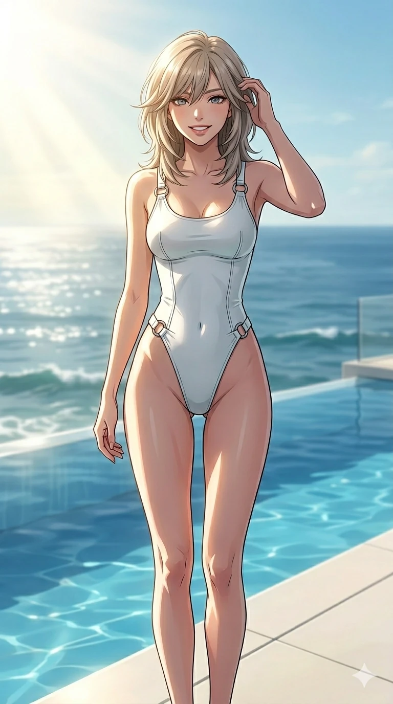 score_9, masterpiece, best quality, ultra-detailed, high-budget anime keyframe, editorial fashion photography, tasteful artistic composition, Japanese woman. cowboy shot from the thighs up, character and outfit filling the frame for maximum editorial presence. posing with bright, confident self-assurance, her lips slightly parted in a magnetic smile standing by an infinity pool that blends with the blue ocean horizon. She has an absolutely perfect 8-heads proportion, an exceptionally tall and slender female figure with impossibly long slender legs and an ultra-slim waist. V-shaped jawline, high-bridge nose, intricate jewel-like eyes with depth, thick eyelashes, glossy lips with a natural sheen. wearing a sleek, glove-like white bodysuit with high-cut leg lines and strategic chrome-ring hardware. drenched in brilliant afternoon sunshine, casting warm rays that trace the curves of her athletic figure. 2k, ultra detail, master piece, 9:16 ratio