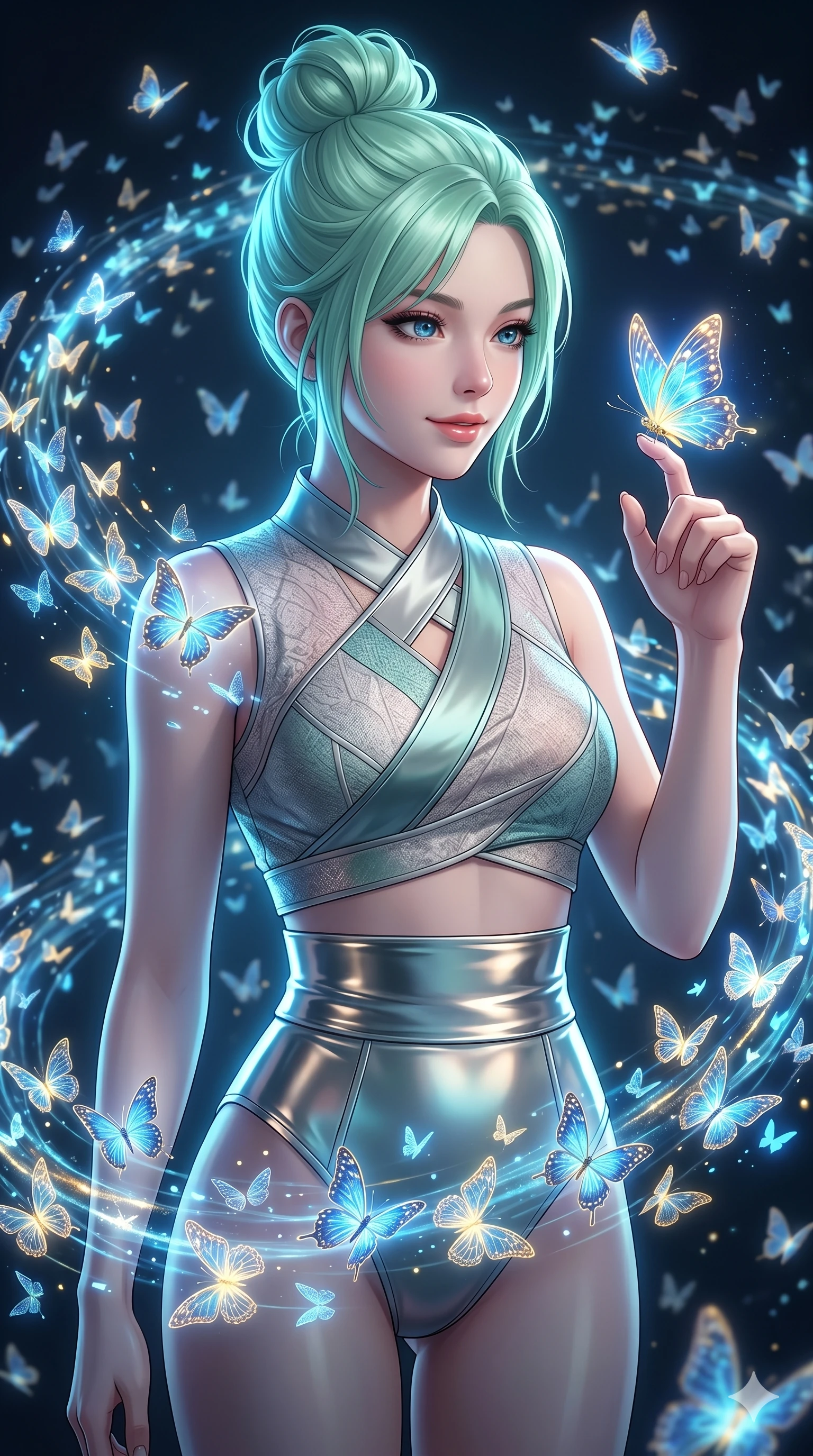 score_9, masterpiece, best quality, ultra-detailed, high-budget anime keyframe, editorial fashion photography, tasteful artistic composition, Japanese woman. Upper body close-up from the thighs up, character filling the screen for maximum presence. She is surrounded by thousands of glowing digital butterflies that orbit her body. She reaches out to let one land on her finger, looking at it with a soft, captivating smile. She has an absolutely perfect 8-heads proportion, a tall and elegant figure with a refined silhouette and a defined waistline. V-shaped jawline, high-bridge nose, intricate jewel-like eyes with depth, thick eyelashes, glossy lips with a natural sheen. She is wearing a cropped cyber-fusion wrap top with delicate textured panels, a geometric crossover collar, and a high-waisted metallic sash highlighting her defined waistline. The scene is lit by brilliant blue and gold light from the butterflies and a sharp side key light. 2k, ultra detail, master piece, 9:16 ratio