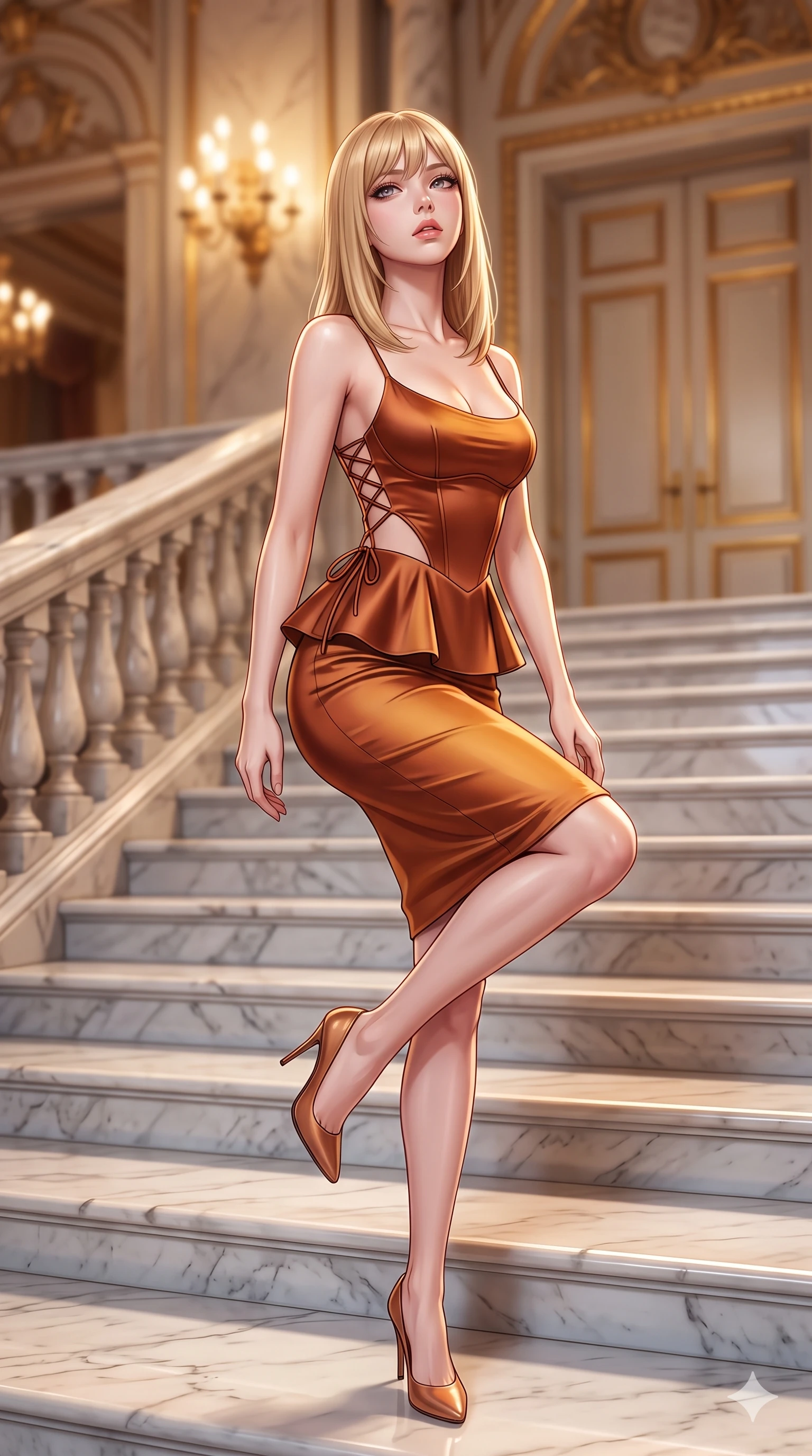 score_9, masterpiece, best quality, ultra-detailed, high-budget anime keyframe, semi-realistic 3D game render, editorial fashion photography, tasteful artistic composition, Japanese woman. low angle full-body shot from head to toe showing her feet, filling the entire 9:16 vertical frame with her statuesque presence, stretching her vertical silhouette. stepping forward in a confident stride, her long slender legs and curvaceous hips creating a dynamic, sweeping vertical line while sitting poised on the polished Carrara marble steps with one knee bent, arching her spine with supermodel elegance as she glances upward through thick eyelashes. The background shows a soft-focus luxurious foyer atmosphere softened in Belle Époque grand staircase shallow focus. She has an exceptionally tall and slender model-like 8.5-heads proportion, an ultra-slim waist, a flat toned midriff, narrow delicate ribcage, and beautifully sculpted feminine hips creating a graceful, slim hourglass silhouette without any bulky heaviness, with impossibly long slender legs. sharp v-shaped jawline, high-bridge nose, intricate jewel-like sparkling eyes with depth, thick eyelashes, glossy parted lips with a natural sheen, intensely captivating and seductive bedroom-eyes expression, exuding both youthful cute charm and sovereign luxury allure, flawlessly proportioned anatomical accuracy, strict slender model proportions, natural body alignment, perfectly sculpted long slender limbs, ultra-slim waistline, clean dynamic posture without body distortion. wearing a modern peplum corset dress with side-waist diamond cutouts and an ultra-tight silhouette in rich copper bronze and warm amber, tailored from smooth liquid silk satin that clings smoothly to her narrow waist and rounded hips with a dewy sheen, featuring fine criss-cross lace-up side ties revealing tantalizing glimpses of her hip curve, the precision-cut side openings and low-back scoop framing her graceful spine and the sensual sweep of her slim, toned hips. illuminated by white marble floor bounce and sharp diamond-gold rim lights carving her sculpted collarbones, ultra-slim waist, and curvy hips. highly saturated vibrant anime colors, detailed shading with soft gradients, rich glossy textures, high-contrast stereoscopic depth, volumetric dynamic lighting, master piece, 9:16 ratio