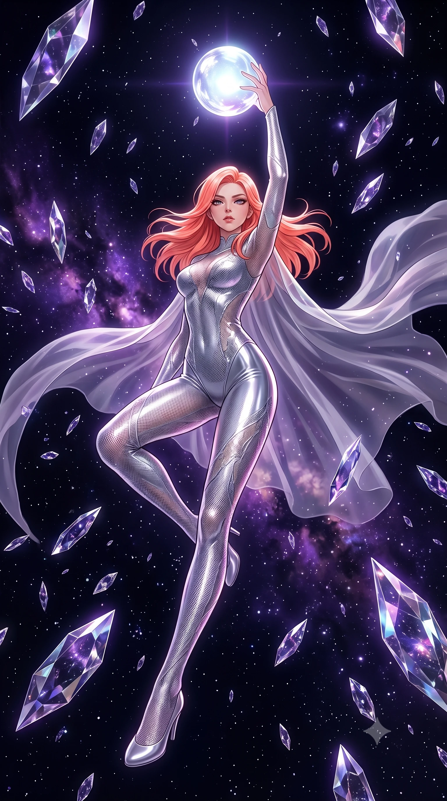 score_9, masterpiece, best quality, ultra-detailed, High-budget Anime Keyframe, East Asian woman. Low angle cowboy shot filling the entire 9:16 frame with her statuesque presence. Scenario 468: reaching out to catch a floating sphere of liquid light in a dark void filled with floating crystal shards reflecting purple nebulae. Her presence is magnetic and overpowering in this high-budget anime scene. Outfit 468: a slim-fit liquid silver micro-mesh lace catsuit draped with a semi-transparent chiffon cape. The clothing is designed to emphasize her exceptionally tall and slender 8-heads proportion. 8-heads proportion, towering silhouette, ultra-slim waist. sharp v-shaped jawline, intricate jewel-like eyes with depth, thick eyelashes, glossy lips. 2k, ultra detail, master piece, 9:16 ratio