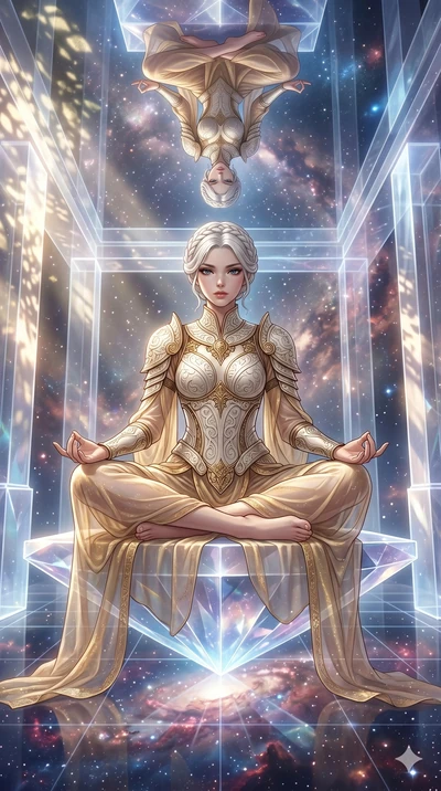 score_9, masterpiece, best quality, ultra-detailed, Set A: High-budget Anime Keyframe, Japanese woman. Low angle cowboy shot filling the entire 9:16 frame with her statuesque presence. Theme: Abstract Cosmic. meditating in a temple made of solid ligh