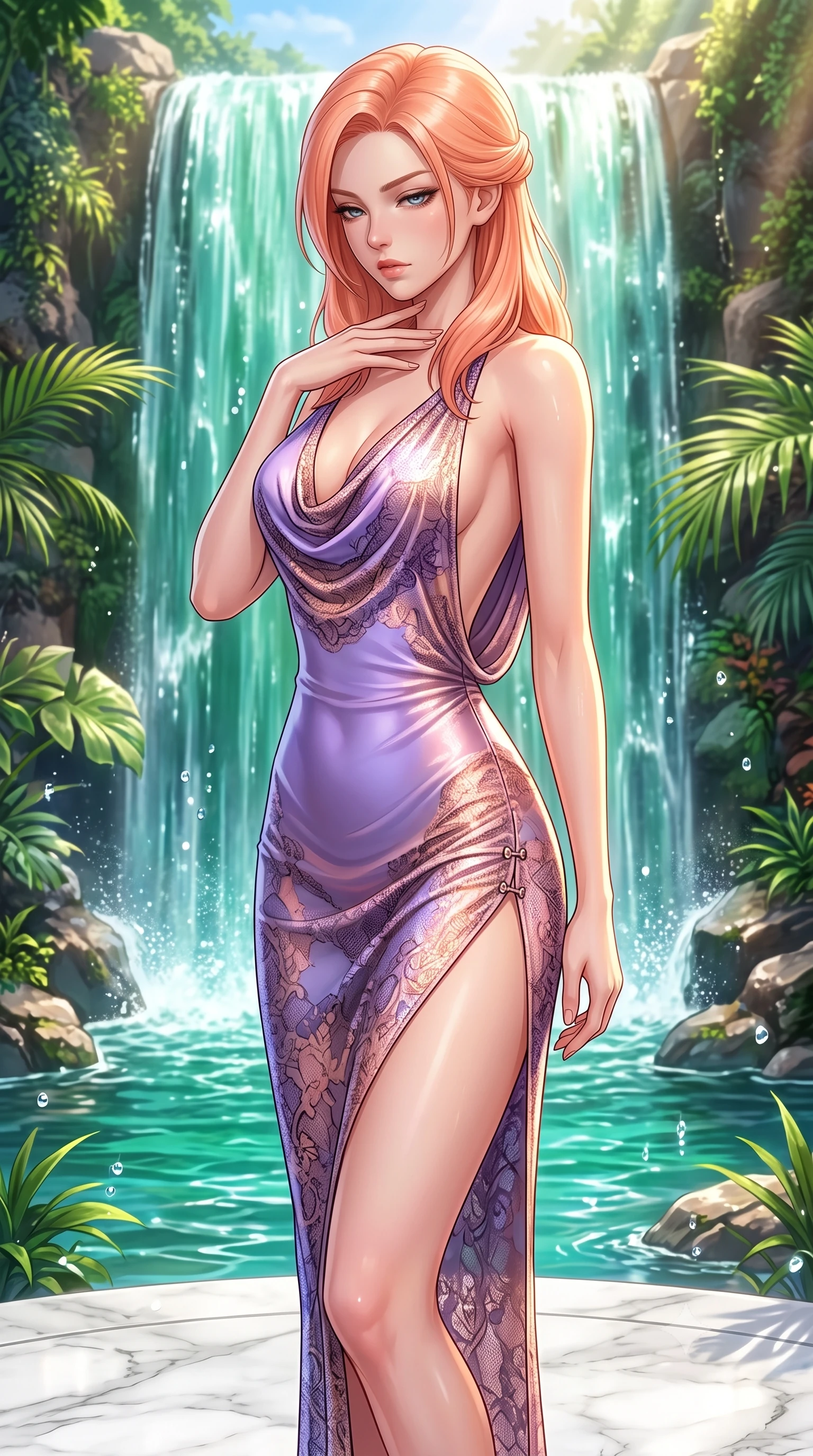 score_9, masterpiece, best quality, ultra-detailed, high-budget anime keyframe, semi-realistic 3D game render, editorial fashion photography, tasteful artistic composition, Japanese woman. close-up cowboy shot from the waist and thighs up, the character dominates the composition, filling the frame with her large presence. resting her fingers lightly against her throat while looking down with a smoldering, haughty yet intensely captivating glance while standing beneath a sun-drenched cascading waterfall of pure emerald water on a polished white marble dais. The surrounding environment is rendered in vivid detail and crisp panoramic clarity. vibrant natural colors and deep environmental chiaroscuro captured with precision. She has an exceptionally elegant, slender, and willowy female figure with an ultra-slim waist, a gracefully sculpted slender torso, toned flat midriff, and a refined slim silhouette. sharp v-shaped jawline, high-bridge nose, intricate jewel-like eyes with depth, thick eyelashes, glossy lips with a natural sheen, flawlessly proportioned anatomical accuracy, strict slender model proportions, natural body alignment, perfectly sculpted long slender limbs, ultra-slim waistline, clean dynamic posture without body distortion. wearing a precision-fitted liquid jersey bodycon dress with a dramatic draped cowl back that swoops down to her waist and a high side slit in luminous lavender violet and rose gold, crafted from delicate dark lace interwoven with luminescent micro-fibers, finished with an ultra-high side slit secured by miniature magnetic clasps, the glove-like aerodynamic second-skin fit tightly clinging to her ultra-slender waist and athletic curves without adding bulk, accentuating her razor-sharp statuesque lines and slim hourglass silhouette. illuminated by sparkling water droplet refractions and crisp white key lighting. highly saturated vibrant anime colors, detailed shading with soft gradients, rich glossy textures, high-contrast stereoscopic depth, volumetric dynamic lighting, master piece, 9:16 ratio
