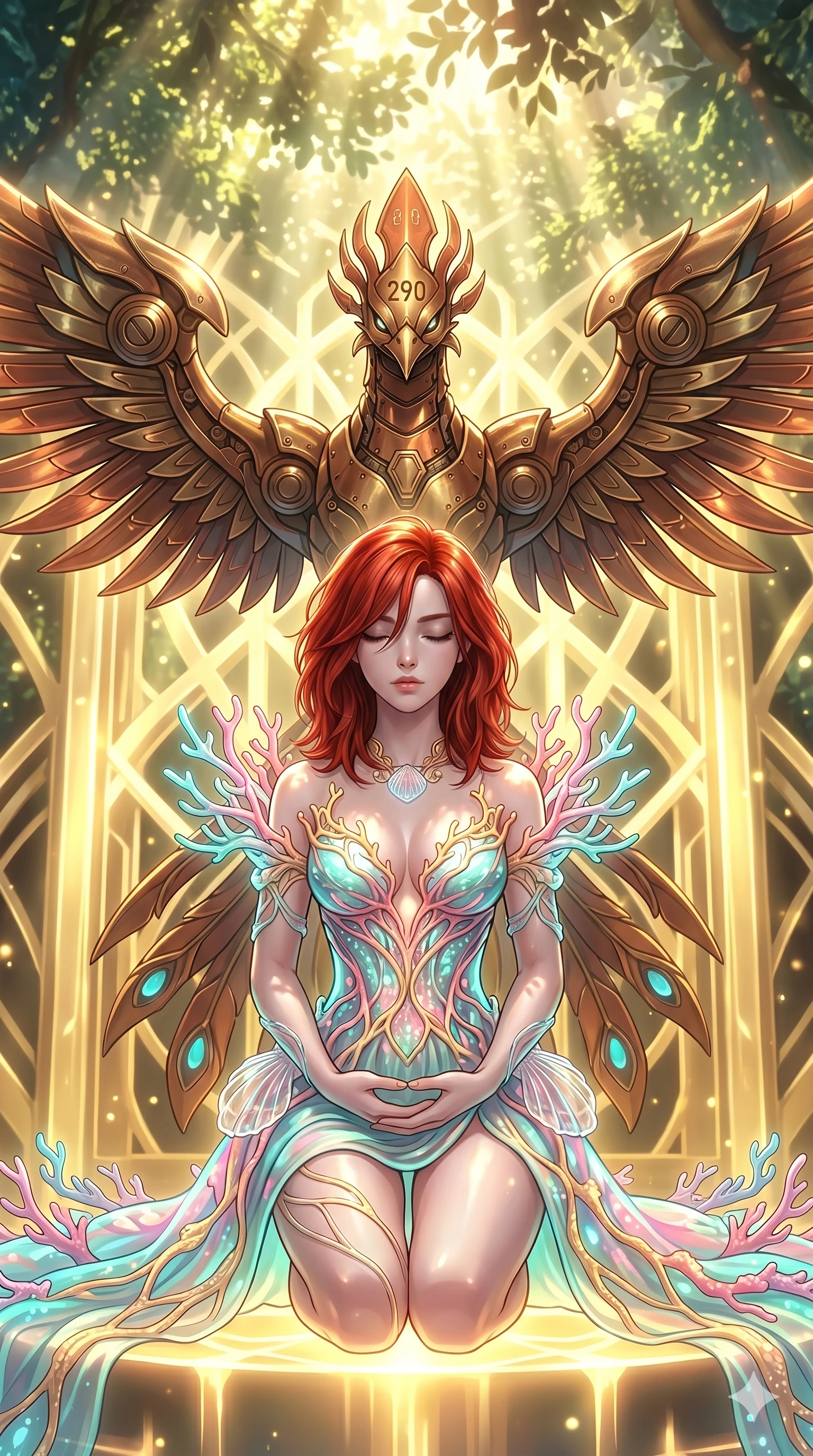 score_9, masterpiece, best quality, ultra-detailed, Set A: High-budget Anime Keyframe, Korean woman. Low angle cowboy shot filling the entire 9:16 frame with her statuesque presence. Theme: Ethereal Dream. meditating in a temple made of solid light, while a mechanical phoenix rises in the background marked 290. The atmosphere is filled with cinematic sunlight through leaves. She has an absolutely perfect 8-heads proportion, an exceptionally tall and slender female figure with impossibly long slender legs and an ultra-slim waist. Sharp v-shaped jawline, high-bridge nose, intricate jewel-like eyes with depth, glossy lips. Wearing Bioluminescent coral-reef dress with transparent shell-textured accessories. Cinematic lighting, vivid colors, dramatic shadows, 2k, ultra detail, master piece, 9:16 ratio