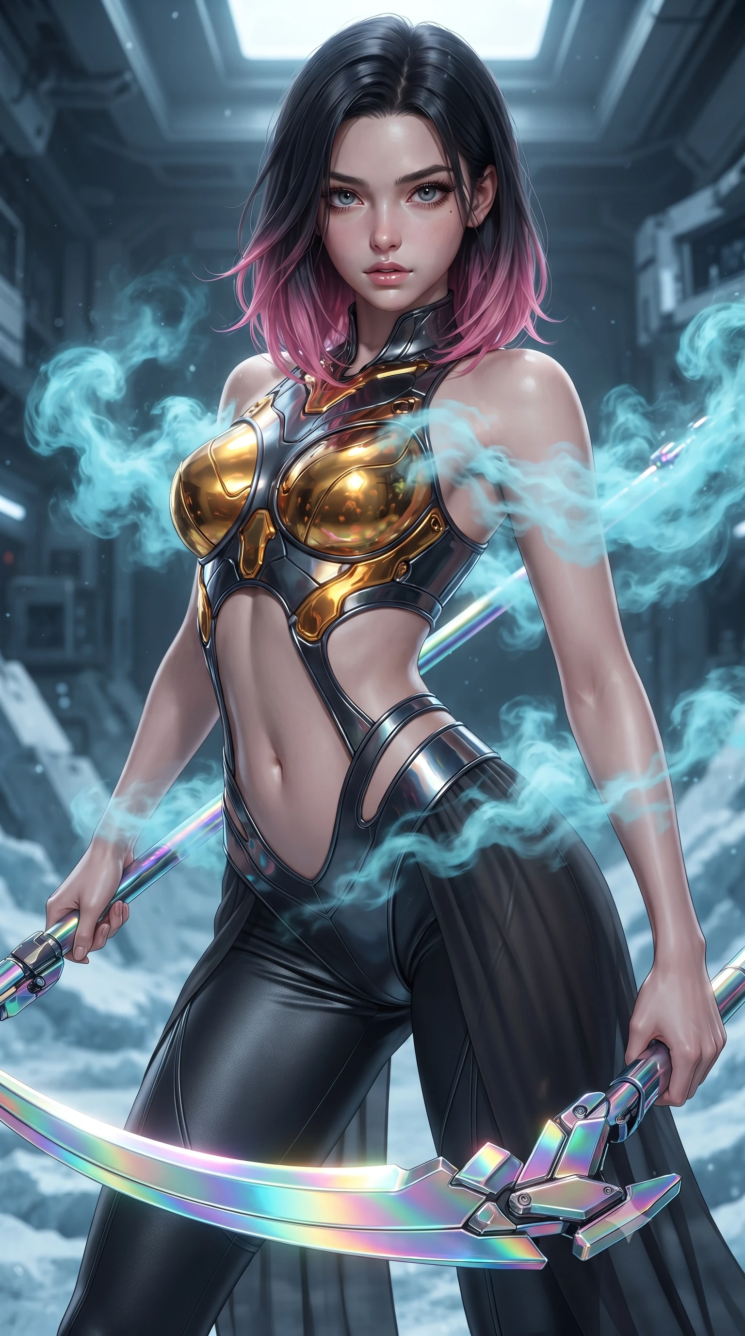 score_9, masterpiece, best quality, ultra-detailed, high-budget anime keyframe, editorial fashion photography, tasteful artistic composition, Korean woman. close-up cowboy shot from the waist and thighs up, the character dominates the composition, filling the frame with her large presence. looking into the camera lens with intense, captivating depth, softly parted glossy lips and thick eyelashes framing her fierce battle-ready gaze while stretching her slender torso in an alluring S-curve as cyan cryo-mist billows gracefully around her bare shoulders and waist. The surrounding environment is rendered in vivid detail and crisp panoramic clarity. high-contrast arctic chiaroscuro and sleek high-tech laboratory ruin captured with precision. She has an exceptionally elegant, slender, and willowy female figure with an ultra-slim waist, a gracefully sculpted slender torso, toned flat midriff, and a refined slim silhouette. sharp v-shaped jawline, high-bridge nose, intricate jewel-like eyes with depth, thick eyelashes, glossy lips with a natural sheen, flawlessly proportioned anatomical accuracy, strict slender model proportions, natural body alignment, perfectly sculpted long slender limbs, ultra-slim waistline, clean dynamic posture without body distortion. wearing a sculpted molten-gold and dark carbon cuirass paired with high-mobility combat leggings and sheer side drapes, wielding a glowing plasma energy scythe with fluid grace in high-gloss iridescent rainbow carbon with prism holographic sheen, made of lightweight aerodynamic carbon-titanium alloy with polished edge bevels, detailed with magnetic weapon holsters and polished chrome connection clasps, the precision-cut daring openings accentuating her delicate midriff, graceful bare collarbones, and ultra-slim feminine waistline. illuminated by crisp specular ice refractions outlining her ultra-slim waist, long legs, and flat midriff. ultra-reflective glossy finish, specular highlights, dark metallic sheen, high-contrast stereoscopic depth, volumetric dynamic lighting, 2k, ultra detail, master piece, 9:16 ratio