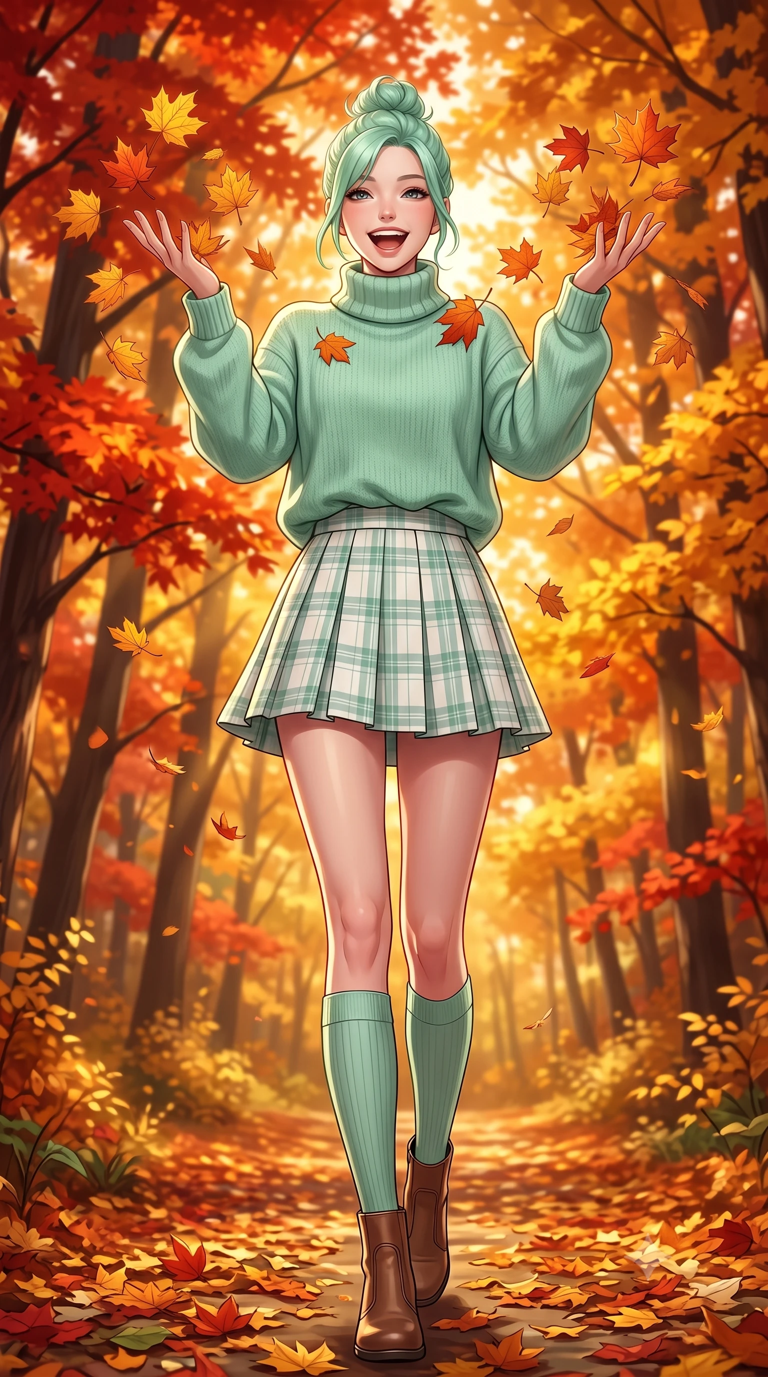 score_9, masterpiece, best quality, ultra-detailed, high-budget anime keyframe, semi-realistic 3D game render, editorial fashion photography, tasteful artistic composition, Japanese woman. low angle full-body shot from head to toe showing her feet, filling the entire 9:16 vertical frame with her statuesque presence, stretching her vertical silhouette. walking forward in a cheerful, dynamic stride with a radiant beaming smile, her statuesque silhouette filling the frame while tossing a handful of golden maple leaves into the crisp autumn air with a bright, childlike laugh. The surrounding environment is rendered in vivid detail and crisp panoramic clarity. rich autumn chiaroscuro and breathtaking seasonal forest foliage captured with environmental precision. She has an absolutely perfect, statuesque 8.5-heads proportion, an exceptionally tall and slender model-like female figure with impossibly long slender legs, a toned flat midriff, and an ultra-slim waist. sharp v-shaped jawline, high-bridge nose, intricate jewel-like eyes with depth, thick eyelashes, glossy lips with a natural sheen, pure and lovely fresh girlhood expression, flawlessly proportioned anatomical accuracy, strict slender model proportions, natural body alignment, perfectly sculpted long slender limbs, ultra-slim waistline, clean dynamic posture without body distortion. wearing a cozy oversized turtleneck knit jumper paired with a pleated plaid wool skirt and knee-high socks in refreshing mint green and crisp sea-salt white, made of comfortable premium stretch denim and airy cotton-jersey, finished with neat natural wooden buttons and patch pocket details, the relaxed yet flattering fit accentuating her naturally graceful and slender figure, highlighting her youthful charm and lovely silhouette. bathed in warm amber afternoon autumn sunlight filtering through glowing red and gold canopies. highly saturated vibrant anime colors, detailed shading with soft gradients, rich glossy textures, high-contrast stereoscopic depth, volumetric dynamic lighting, master piece, 9:16 ratio
