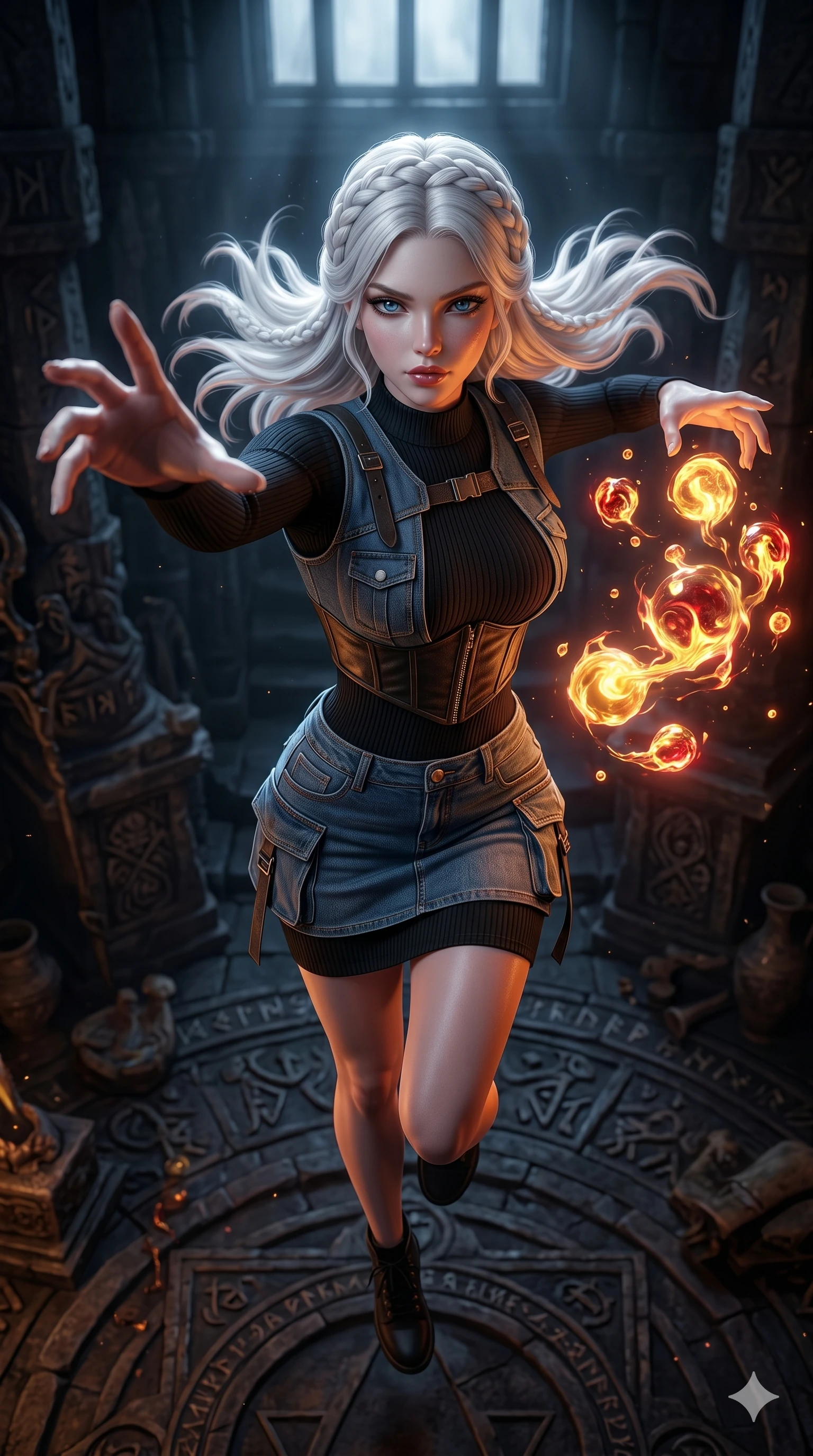 score_9, masterpiece, best quality, ultra-detailed, photorealistic 8k CG, hyper-detailed textures, ray-tracing, Caucasian (strictly human ears) woman. Extreme high angle shot as she leaps towards the camera, filling the frame. manipulating floating orbs of liquid fire in a dark ritual chamber. She has an absolutely perfect 8-heads proportion, an exceptionally tall and slender female figure with graceful and slender proportions. strictly human anatomy, two legs only, no extra limbs, clearly defined legs and arms, perfect anatomy, perfect hands and fingers. sharp v-shaped jawline, high-bridge nose, intricate jewel-like eyes, thick eyelashes, glossy lips. Wearing Urban Trendsetter: Ribbed bodycon dress, crop top with high-waist denim, and elegant corset with cargo pants. The scene is illuminated by dramatic atmospheric lighting and vibrant color palettes. , 2k, ultra detail, master piece, 9:16 ratio