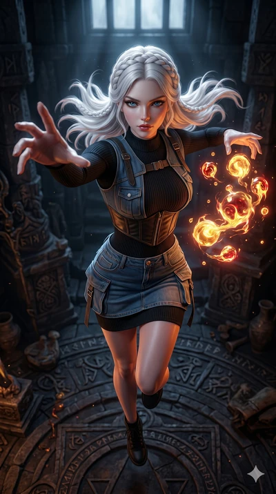 score_9, masterpiece, best quality, ultra-detailed, photorealistic 8k CG, hyper-detailed textures, ray-tracing, Caucasian (strictly human ears) woman. Extreme high angle shot as she leaps towards the camera, filling the frame. manipulating floating o