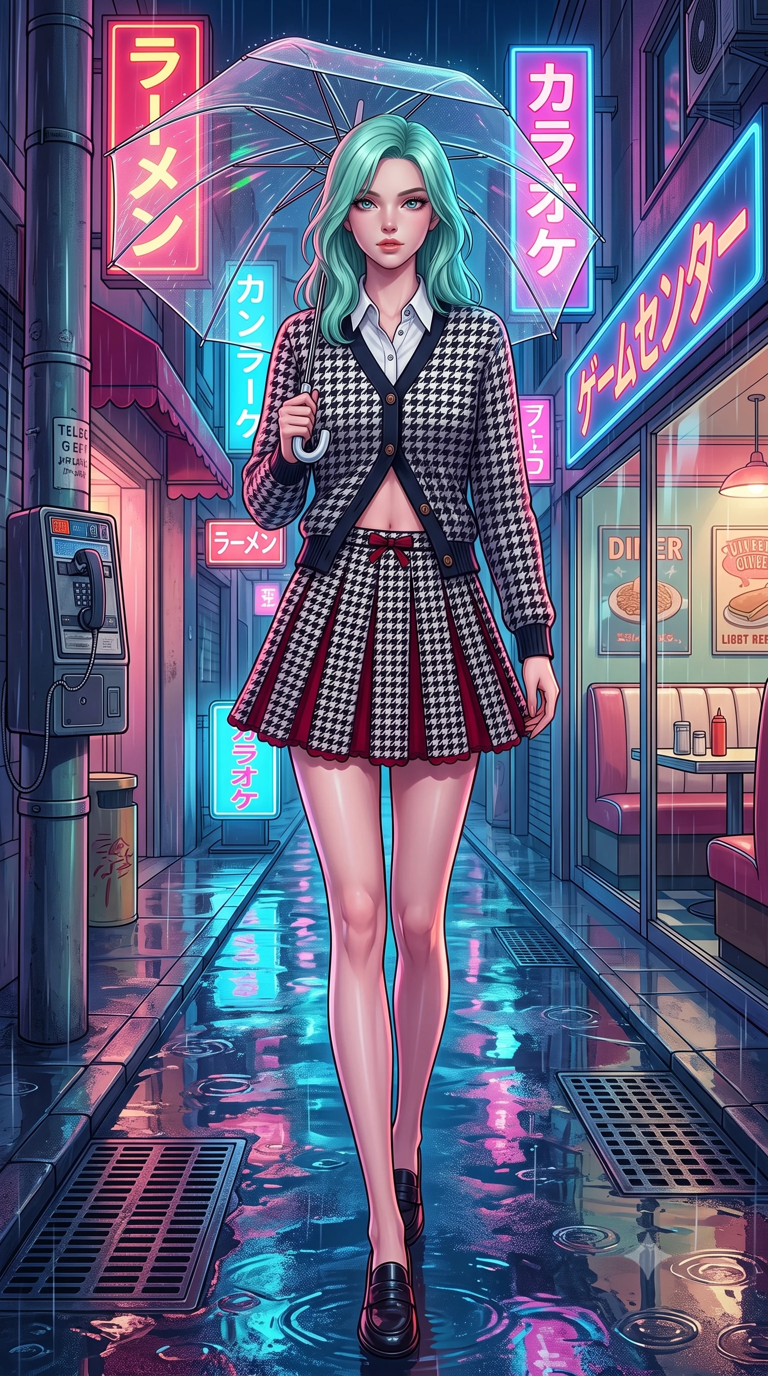 score_9, masterpiece, best quality, ultra-detailed, high-budget anime keyframe, semi-realistic 3D game render, editorial fashion photography, tasteful artistic composition, Japanese woman. low angle full-body shot from head to toe showing her feet, filling the entire 9:16 vertical frame with her statuesque presence, stretching her vertical silhouette. stepping forward gracefully in mid-motion, displaying her toned flat midriff and flawlessly sculpted slender limbs while strolling along a rain-drenched 1990s Tokyo neon back-alley, holding a transparent umbrella that catches vivid reflections. The surrounding environment is rendered in vivid detail and crisp panoramic clarity. detailed vintage diner booth interiors visible through glass, telephone coin slots, and drain grates in high clarity. She has an absolutely perfect, statuesque 8.5-heads proportion, an exceptionally tall and slender model-like female figure with impossibly long slender legs, a toned flat midriff, and an ultra-slim waist. sharp v-shaped jawline, high-bridge nose, intricate jewel-like eyes with depth, thick eyelashes, glossy lips with a natural sheen, captivating and magnetic expression, flawlessly proportioned anatomical accuracy, strict slender model proportions, natural body alignment, perfectly sculpted long slender limbs, ultra-slim waistline, clean dynamic posture without body distortion. wearing a preppy 80s varsity cardigan sweater layered over a crisp collared button-down shirt and a tennis pleated skirt in classic monochrome houndstooth and cherry red, tailored from soft fine-wale corduroy with rich velvety texture, finished with a dainty waist ribbon bow and scalloped hemline trims, the breezy yet form-flattering drape swaying gracefully with her steps, accentuating her long willowy limbs and slim waistline. surrounded by a romantic, moody, and irresistibly nostalgic 90s city-pop heroine aura. highly saturated vibrant anime colors, detailed shading with soft gradients, rich glossy textures, high-contrast stereoscopic depth, volumetric dynamic lighting, master piece, 9:16 ratio
