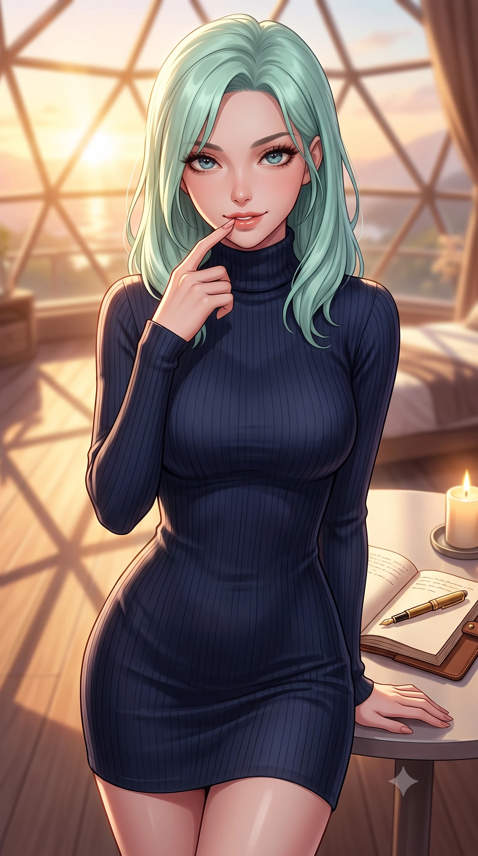 score_9, masterpiece, best quality, ultra-detailed, high-budget anime keyframe, editorial fashion photography, tasteful artistic composition, Japanese woman. close-up cowboy shot from the waist and thighs up, the character dominates the composition, filling the frame with her large presence, background elements kept in soft focus. gently touching her lower lip with one finger, looking up at the viewer with a deeply charming, sultry smile set against a soft-focus background of inside an exclusive geodesic dome with an open leather journal and a gold fountain pen sitting next to a candle. She has an exceptionally elegant, slender, and willowy female figure with an ultra-slim waist, a gracefully sculpted slender torso, and a refined silhouette. sharp v-shaped jawline, high-bridge nose, intricate jewel-like eyes with depth, thick eyelashes, glossy lips with a natural sheen. wearing slim-fit midnight navy matte silk form-fitting ribbed knit turtleneck dress outlining her slender silhouette accented with delicate silver hardware. bathed in warm golden hour sunbeams that cast long, romantic shadows across the floor. highly saturated vibrant anime colors, detailed shading with soft gradients, rich glossy textures, high-contrast stereoscopic depth, volumetric dynamic lighting, master piece, 9:16 ratio