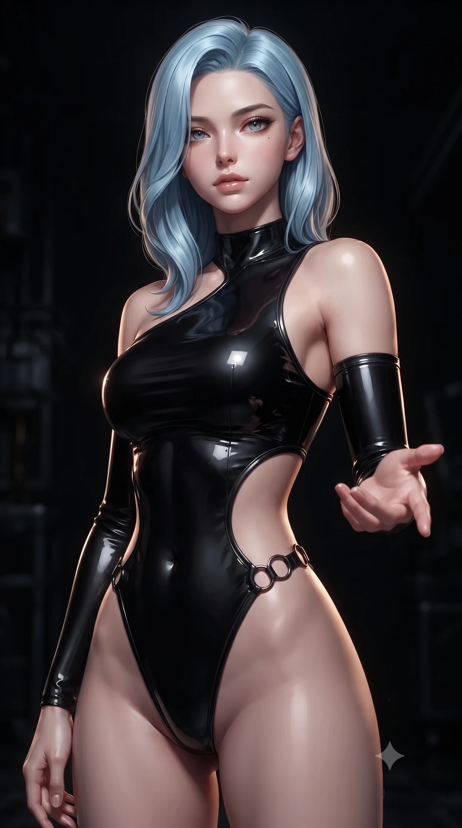 score_9, masterpiece, best quality, ultra-detailed, high-budget anime keyframe, editorial fashion photography, tasteful artistic composition, Korean woman. close-up cowboy shot from the waist and thighs up, the character dominates the composition, filling the frame with her large presence, background elements kept in soft focus. Reaching one hand toward the viewer with relaxed sensual elegance, looking composedly past the camera with quiet, sharp artistic focus, single warm key light tracing her side profile and ultra-slim waistline. She has an exceptionally elegant, slender, and willowy female figure with an ultra-slim waist, a gracefully sculpted slender torso, and a refined silhouette. sharp v-shaped jawline, high-bridge nose, intricate jewel-like eyes with depth, thick eyelashes, glossy lips with a natural sheen. wearing asymmetric high-cut cyber-bodysuit with detached sleeves in onyx black in pitch-black onyx, made of high-gloss liquid vinyl, trimmed with dark chrome ring hardware along the waist contours, following her slender form with tailored precision. surrounded by deep obsidian shadows swallowing background elements. ultra-reflective glossy finish, specular highlights, metallic sheen, high-contrast stereoscopic depth, volumetric dynamic lighting, 2k, ultra detail, master piece, 9:16 ratio