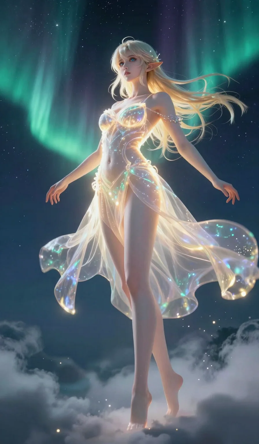 score_9, masterpiece, best quality, ultra-detailed, semi-realistic high-budget anime keyframe, an incredibly beautiful ethereal Caucasian woman with flawless pale skin (strictly human ears). Dynamic full-body shot stretching vertically. She is a goddess of the aurora dancing on the clouds. She has an absolutely perfect 8-heads proportion, a towering female figure with long slender legs and a delicate skinny body. Her face is a masterpiece with platinum blonde hair and sapphire eyes. She is wearing a sheer fabric gown glowing with aurora light, highlighting her alluring silhouette. Starry night sky and volumetric fog, radiant glowing skin, dramatic rim lighting, 2k, ultra detail, master piece, 9:16 ratio