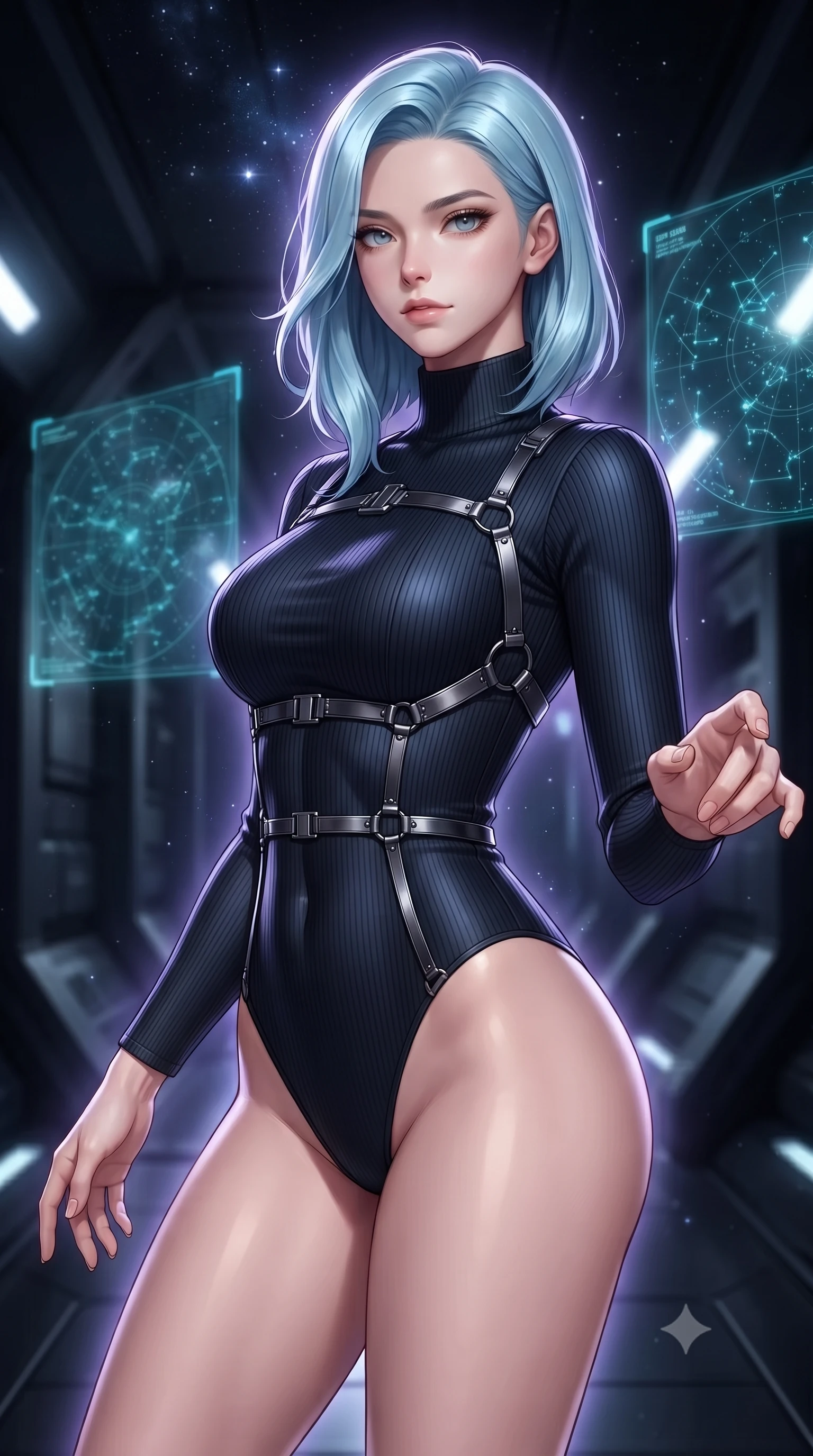 score_9, masterpiece, best quality, ultra-detailed, high-budget anime keyframe, editorial fashion photography, tasteful artistic composition, Korean woman. close-up cowboy shot from the waist and thighs up, the character dominates the composition, filling the frame with her large presence, background elements kept in soft focus. Reaching one hand toward the viewer with relaxed dark elegance, navigating a dark space station corridor lit by distant starlight flares, translucent star charts projecting subtle cyan key highlights. She has an exceptionally elegant, slender, and willowy female figure with an ultra-slim waist, a gracefully sculpted slender torso, and a refined silhouette. sharp v-shaped jawline, high-bridge nose, intricate jewel-like eyes with depth, thick eyelashes, glossy lips with a natural sheen. wearing sleek high-neck ribbed activewear bodysuit in matte black in midnight navy blue, made of matte carbon-fiber weave, highlighted by a gunmetal metallic harness structure, accentuating her gracefully sculpted slender torso. surrounded by a glowing violet starlight aura and high-contrast specular rays. highly saturated vibrant anime colors, detailed shading with soft gradients, rich glossy textures, high-contrast stereoscopic depth, volumetric dynamic lighting, master piece, 9:16 ratio
