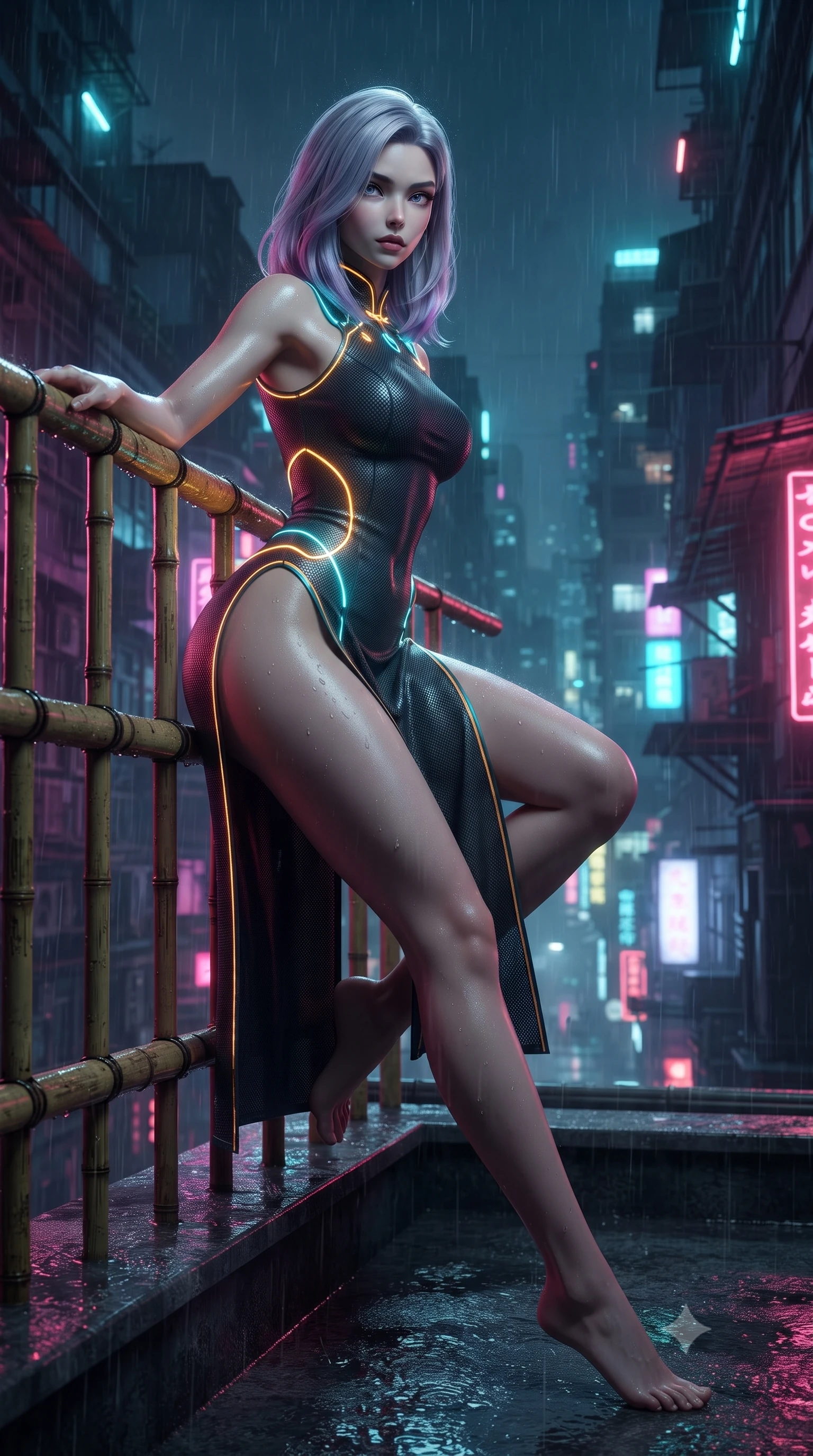 score_9, masterpiece, best quality, ultra-detailed, high-budget anime keyframe, editorial fashion photography, tasteful artistic composition, Caucasian woman. low angle full-body shot from head to toe showing her feet, filling the entire 9:16 vertical frame with her statuesque presence, stretching her vertical silhouette. sitting perched on the elevated edge with hips angled toward the camera and legs crossed, displaying her toned midriff and flawlessly sculpted slender limbs while leaning deep against a rain-slicked rooftop bamboo railing with hips cocked back, looking over her shoulder as neon reflections wash over her curvy silhouette. The surrounding environment is rendered in vivid detail and crisp panoramic clarity. intense Wong Kar-wai inspired neo-noir chiaroscuro and atmospheric cyberpunk metropolis aesthetics in precision. She has an absolutely perfect, statuesque 8.5-heads proportion, an exceptionally tall and slender model-like female figure with impossibly long slender legs, a toned flat midriff, an ultra-slim waist, and beautifully sculpted feminine hips. sharp v-shaped jawline, high-bridge nose, intricate jewel-like eyes with depth, thick eyelashes, glossy parted lips with a natural sheen, intensely captivating and seductive bedroom-eyes expression, flawlessly proportioned anatomical accuracy, strict slender model proportions, natural body alignment, perfectly sculpted long slender limbs, ultra-slim waistline, clean dynamic posture without body distortion. wearing a modernized cyber-qipao mini dress with an ultra-high side slit ascending to the hip and glowing LED piping in glowing amber-gold and dark graphite, made of breathable technical athletic mesh and liquid-finish track nylon, accented with glowing cyan LED circuit lines tracing her hip bones and collarbones, the glove-like aerodynamic silhouette tightly following the natural contour of her hips and long slender legs with statuesque precision. illuminated by wet specular asphalt bounce lights sharply sculpting her narrow waist and rounded hips. ultra-reflective glossy finish, specular highlights, rich textural contrasts, high-contrast stereoscopic depth, volumetric dynamic lighting, 2k, ultra detail, master piece, 9:16 ratio