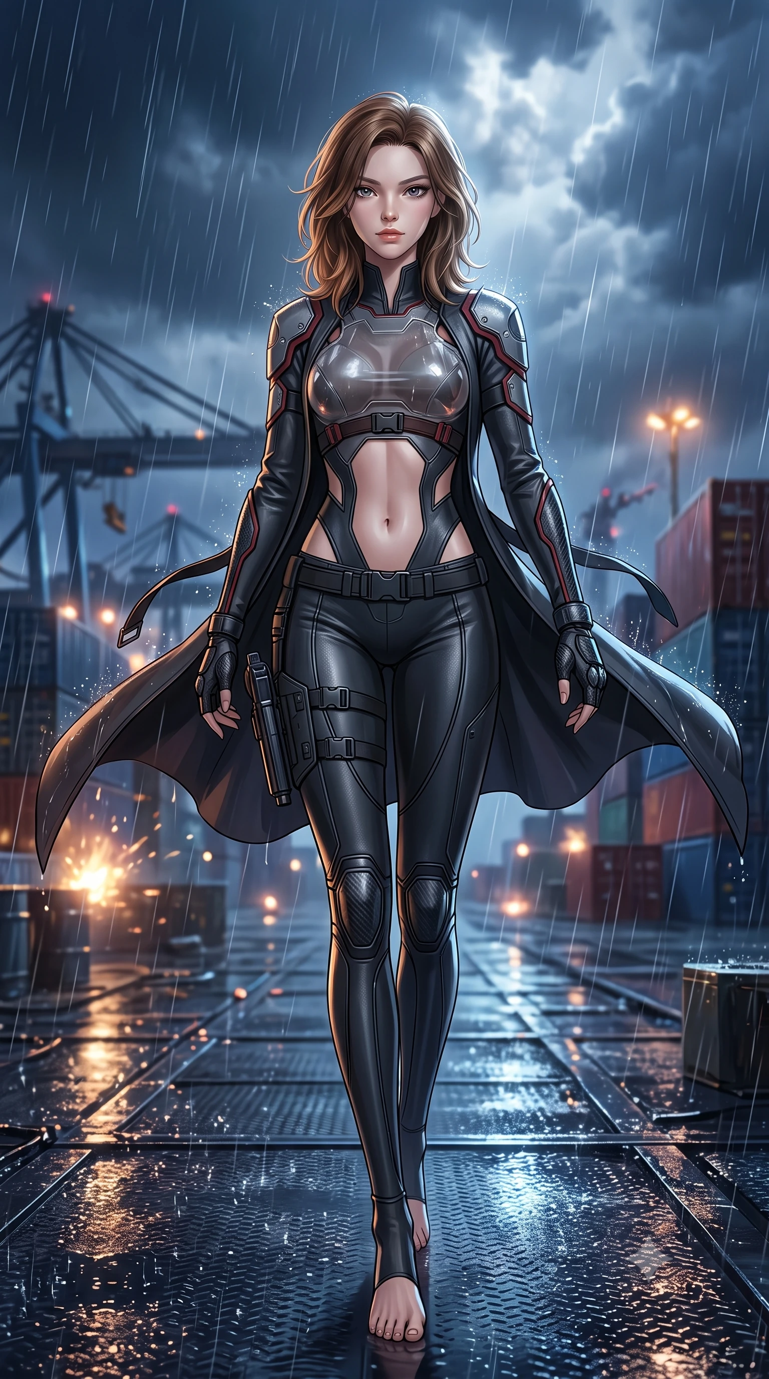 score_9, masterpiece, best quality, ultra-detailed, high-budget anime keyframe, semi-realistic 3D game render, editorial fashion photography, tasteful artistic composition, Korean woman. low angle full-body shot from head to toe showing her feet, filling the entire 9:16 vertical frame with her statuesque presence, stretching her vertical silhouette. executing an elegant mid-motion spin with effortless grace, her garments fluttering softly around her ultra-slim waistline while striding through the rainstorm with lethal grace, grappling gun holstered at her hip as thunder rumbles overhead. The composition keeps background elements in soft focus with creamy bokeh. splattering raindrops and muzzle-flash reflections scattering luminous wet light motes across the deck. She has an absolutely perfect, statuesque 8.5-heads proportion, an exceptionally tall and slender model-like female figure with impossibly long slender legs, a toned flat midriff, and an ultra-slim waist. sharp v-shaped jawline, high-bridge nose, intricate jewel-like eyes with depth, thick eyelashes, glossy lips with a natural sheen, captivating and magnetic expression, flawlessly proportioned anatomical accuracy, strict slender model proportions, natural body alignment, perfectly sculpted long slender limbs, ultra-slim waistline, clean dynamic posture without body distortion. wearing a sleek tailored stealth catsuit with transparent armor breastplate and tactical shoulder pauldrons in storm grey and dark scarlet trim, crafted from flexible ballistic matte leather and ultra-sleek stretch neoprene, finished with discreet carbon fiber knuckle guards and matte black buckles, the precision-cut daring openings accentuating her delicate midriff, graceful bare collarbones, and ultra-slim feminine waistline. surrounded by an indomitable, dangerous, and breathtakingly cinematic lone infiltration specialist aura. highly saturated vibrant anime colors, detailed shading with soft gradients, rich glossy textures, high-contrast stereoscopic depth, volumetric dynamic lighting, master piece, 9:16 ratio