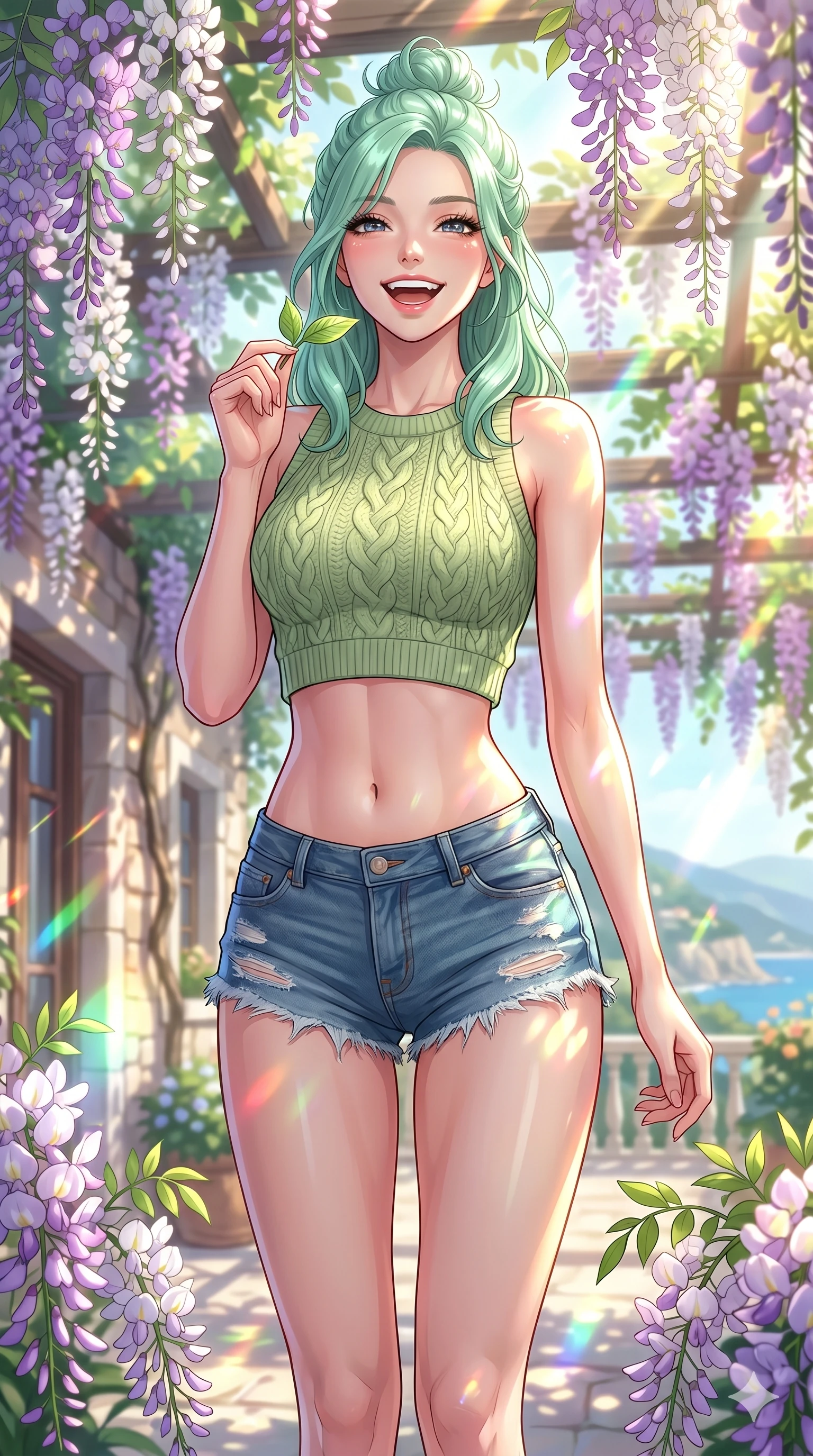 score_9, masterpiece, best quality, ultra-detailed, high-budget anime keyframe, vibrant anime aesthetic, Japanese woman. cowboy shot from the thighs up, character and outfit filling the frame for maximum presence. She is laughing happily while holding a spring leaf, her face curved in a warm smile by a private villa terrace lined with blooming wisteria (Code-P20-061). She has an absolutely perfect 8-heads proportion, an exceptionally tall and slender female figure with impossibly long slender legs and an ultra-slim waist. V-shaped jawline, high-bridge nose, intricate jewel-like eyes with depth, thick eyelashes, glossy lips with a natural sheen. wearing a cropped knit top showing her bare midriff and denim micro-shorts. She is lit by bright sunbeams reflecting off spring flowers, casting colorful highlights. 2k, ultra detail, master piece, 9:16 ratio