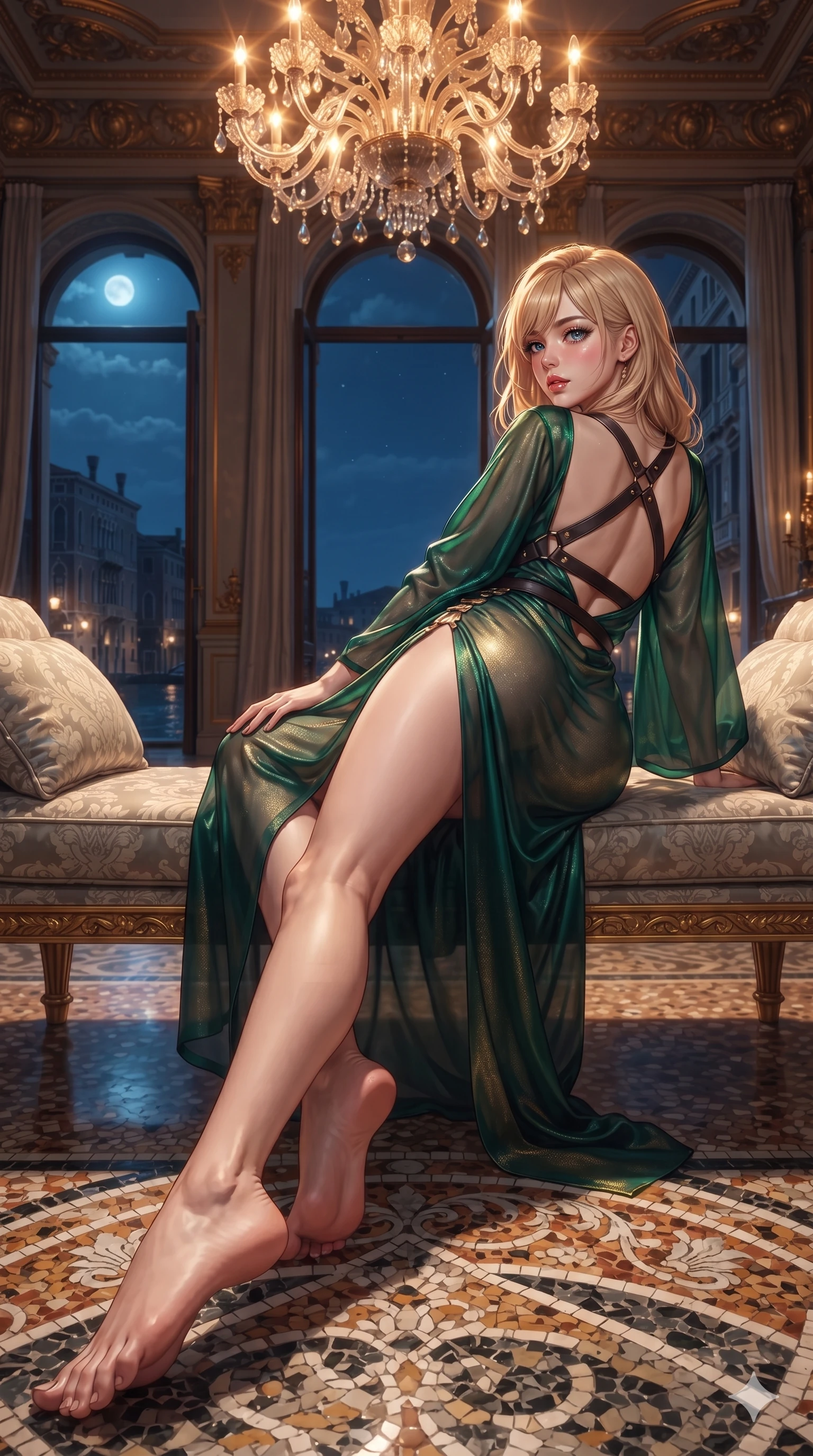 score_9, masterpiece, best quality, ultra-detailed, high-budget anime keyframe, editorial fashion photography, tasteful artistic composition, Caucasian woman. low angle full-body shot from head to toe showing her feet, filling the entire 9:16 vertical frame with her statuesque presence, stretching her vertical silhouette. reclining gracefully across the plush chaise lounge with one leg extended, her sculpted silhouette and flat midriff radiating magnetic nocturnal glamour while reclining gracefully across the damask-cushioned loggia bench propped on one elbow with legs extended, displaying her statuesque silhouette against the grand Venetian night. The surrounding environment is rendered in vivid detail and crisp panoramic clarity: sharp Venetian terrazzo floor mosaic inlays, crystal chandelier prism facets, and gilded stucco moldings in deep focus. She has an exceptionally tall and slender model-like 8.5-heads proportion, an ultra-slim waist, a flat toned midriff, narrow delicate ribcage, and beautifully sculpted feminine hips creating a graceful, slim hourglass silhouette without any bulky heaviness, with impossibly long slender legs. sharp v-shaped jawline, high-bridge nose, intricate jewel-like sparkling eyes with depth, thick eyelashes, glossy parted lips with a natural sheen, intensely captivating and seductive bedroom-eyes expression, exuding both youthful cute charm and sovereign luxury allure, flawlessly proportioned anatomical accuracy, strict slender model proportions, natural body alignment, perfectly sculpted long slender limbs, ultra-slim waistline, clean dynamic posture without body distortion. wearing a delicate semi-translucent silk yukata that clings to her wet skin and curvy hip contours in deep emerald green satin and gold hardware accents, crafted from luxurious metallic lamé that shifts radiance with every step, featuring an open-back criss-cross harness strap in dark leather, the glove-like clinging cut tightly following the natural contour of her hips and long slender legs with youthful 8.5-heads elegance. bathed in the warm, sparkling amber-crystal brilliance of interior Murano chandeliers contrasting with cool midnight blue moonlight outside. ultra-reflective glossy finish, specular highlights, rich textural contrasts, high-contrast stereoscopic depth, volumetric dynamic lighting, 2k, ultra detail, master piece, 9:16 ratio