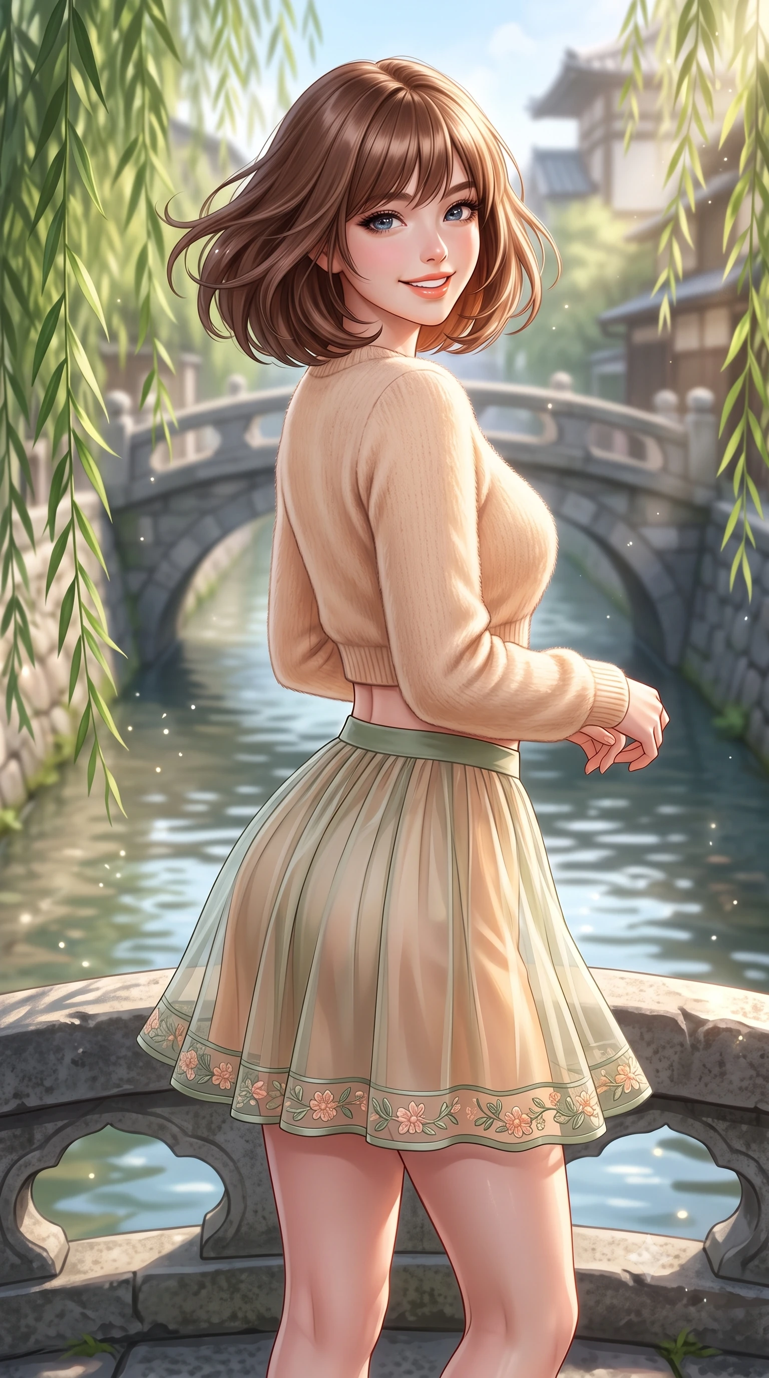score_9, masterpiece, best quality, ultra-detailed, high-budget anime keyframe, semi-realistic 3D game render, editorial fashion photography, tasteful artistic composition, Caucasian woman. close-up cowboy shot from the waist and thighs up, the character dominates the composition, filling the frame with her large presence. turning playfully with a bright confident smile, her glossy hair tossing in the breeze as her hips angle gracefully in a captivating contrapposto while pausing gracefully at the center of the small arched stone bridge, arching her lower back with a bright, charming smile as weeping willow fronds brush the water. The composition keeps background elements in soft focus with dreamy creamy bokeh. rippling shallow canal waters and stone bridge arches softened in poetic Kyoto shallow focus. She has an exceptionally elegant, slender, and willowy female figure with an ultra-slim waist, flat toned midriff, narrow ribcage, and sculpted feminine hips creating an alluring, slim hourglass silhouette without bulk. sharp v-shaped jawline, high-bridge nose, intricate jewel-like sparkling eyes with depth, thick eyelashes, glossy parted lips with a natural peach sheen, bright cheerful beaming smile with an enchanting and coquettish sensual glint, exuding both youthful cute charm and seductive allure, flawlessly proportioned anatomical accuracy, strict slender model proportions, natural body alignment, perfectly sculpted long slender limbs, ultra-slim waistline, clean dynamic posture without body distortion. wearing a soft angora crop knit sweater with a sheer pleated organza mini skirt over an opaque silk slip in soft apricot and sage green, crafted from soft cozy cashmere yarn with an airy drape, complemented by delicate embroidered floral trim along the hem, the glove-like silhouette tightly following the natural contour of her hips and long slender legs with youthful 8.5-heads elegance. bathed in soft, sparkling morning sunbeams filtering through willow fronds onto the canal. highly saturated vibrant anime colors, detailed shading with soft gradients, rich glossy textures, high-contrast stereoscopic depth, volumetric dynamic lighting, master piece, 9:16 ratio