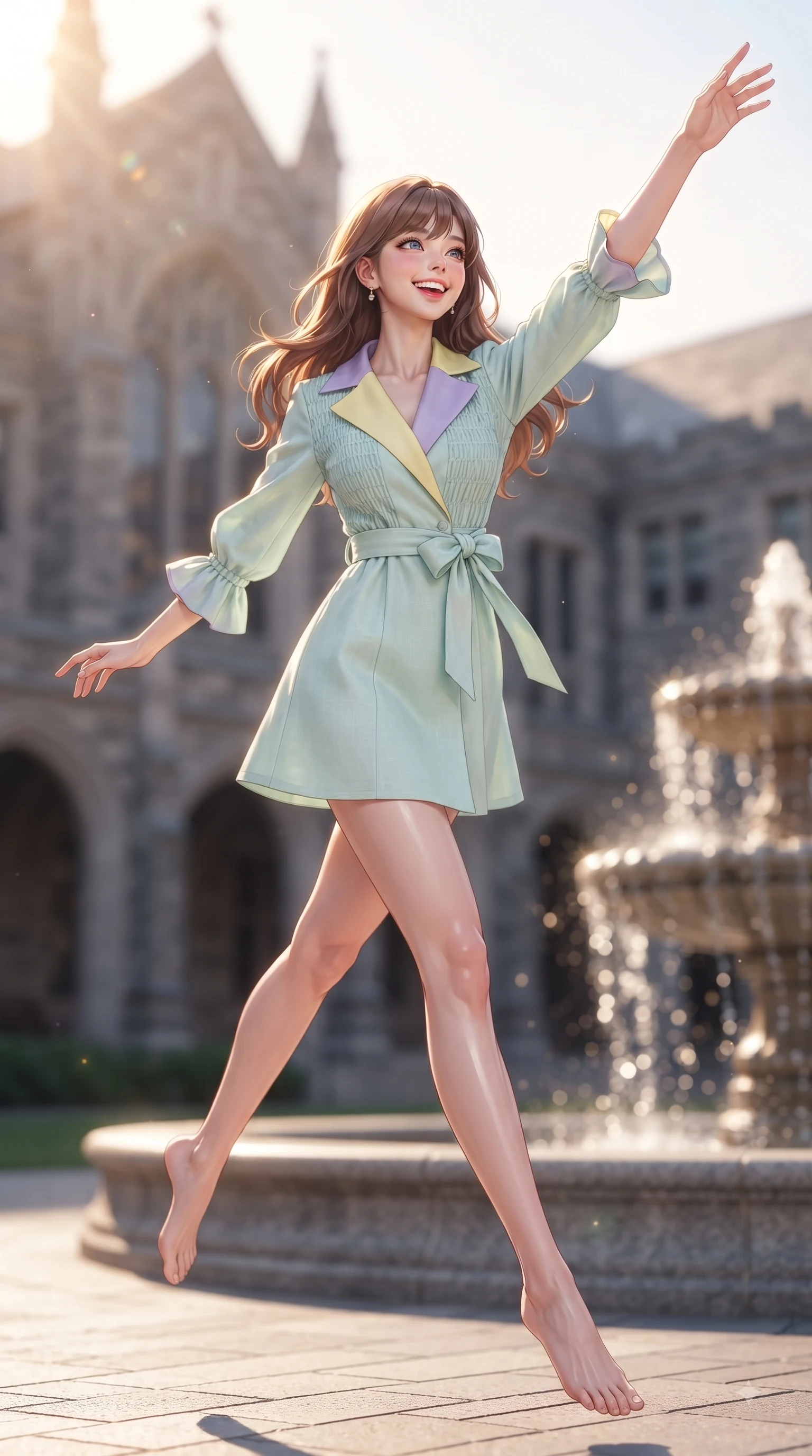 score_9, masterpiece, best quality, ultra-detailed, high-budget anime keyframe, editorial fashion photography, tasteful artistic composition, Korean woman. low angle full-body shot from head to toe showing her feet, filling the entire 9:16 vertical frame with her statuesque presence, stretching her vertical silhouette. leaping with pure youthful energy through the scene with a radiant bright smile, her long slender legs balanced gracefully while reaching out cheerfully with a bright smile near a grand stone fountain on the college quad. The composition keeps background elements in soft focus with dreamy bokeh. gothic campus arches and sparkling fountain waters softened in a gentle background haze. She has an absolutely perfect, statuesque 8.5-heads proportion, an exceptionally tall and slender model-like female figure with impossibly long slender legs and an ultra-slim waist. sharp v-shaped jawline, high-bridge nose, intricate jewel-like eyes with depth, thick eyelashes, glossy lips with a natural sheen, flawlessly proportioned anatomical accuracy, natural body alignment, perfectly sculpted elegant limbs, clean dynamic posture without body distortion. wearing a stylish pastel mint trench dress with a tied belt waist and folded collar in soft lemon yellow and lavender violet, crafted from soft breathable linen, accented with soft smocked details and fluttery cuffs, the tailored casual silhouette highlighting her fresh and youthful presence. illuminated by warm golden sunbursts and bright clear sky refractions. ultra-reflective glossy finish, specular highlights, metallic sheen, high-contrast stereoscopic depth, volumetric dynamic lighting, 2k, ultra detail, master piece, 9:16 ratio