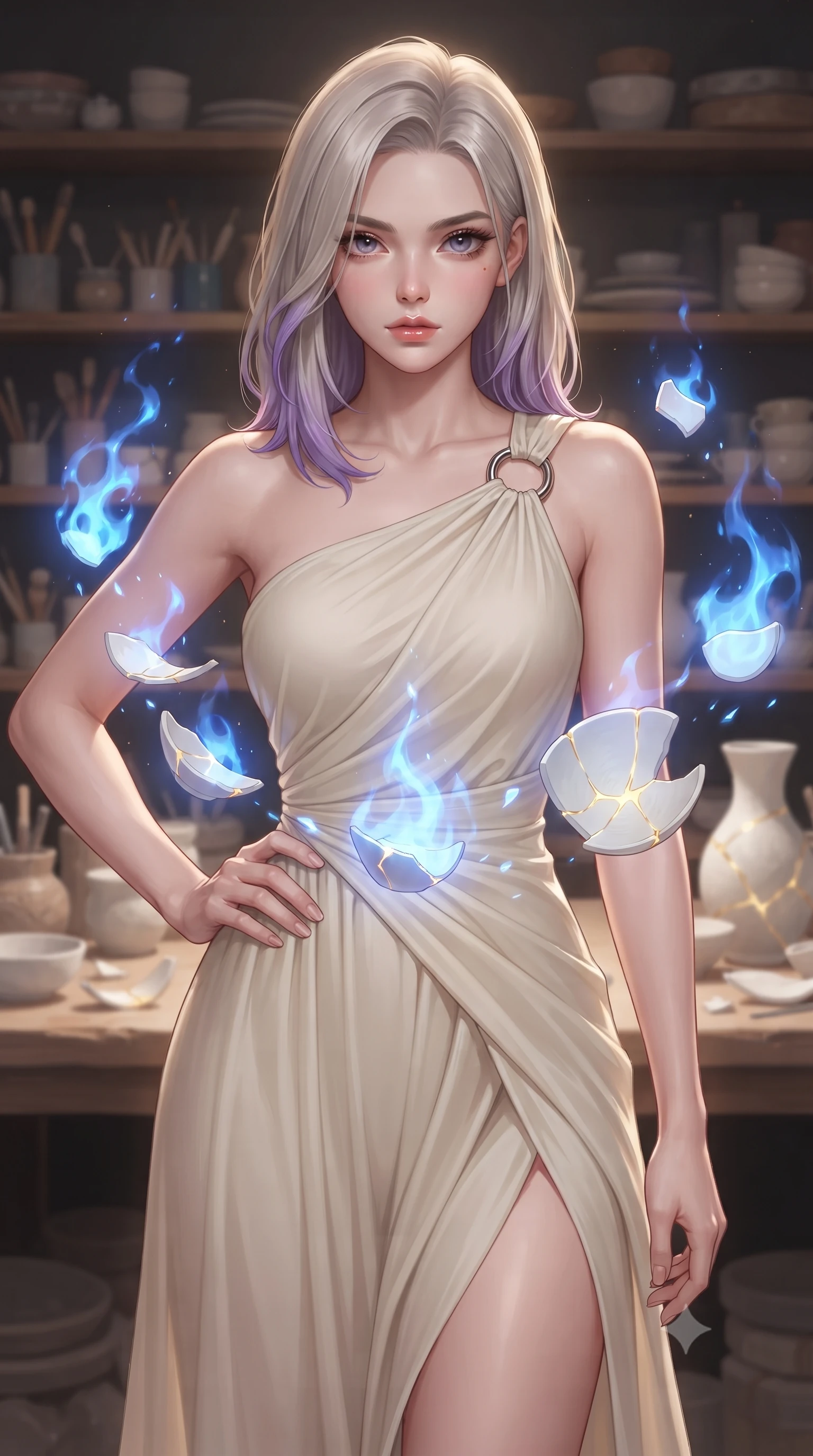 score_9, masterpiece, best quality, ultra-detailed, high-budget anime keyframe, editorial fashion photography, tasteful artistic composition, Caucasian woman. close-up cowboy shot from the waist and thighs up, the character dominates the composition, filling the frame with her large presence, background elements kept in soft focus. Holding a confident power pose with one hand on her hip, gazing directly into the camera with quiet intensity standing in a craftsman atelier where white ceramic shards float in blue alchemy flames, soft sapphire alchemy flames dancing around white bisque porcelain. She has an exceptionally elegant, slender, and willowy female figure with an ultra-slim waist, a gracefully sculpted slender torso, and a refined silhouette. sharp v-shaped jawline, high-bridge nose, intricate jewel-like eyes with depth, thick eyelashes, glossy lips with a natural sheen. wearing an elegant Grecian draped chiffon gown with an asymmetrical shoulder strap and ring detail, the form-contouring material highlighting her ultra-slim waist and long lines. bathed in radiant golden kintsugi light radiating from ceramic cracks. ultra-reflective glossy finish, specular highlights, metallic sheen, high-contrast stereoscopic depth, volumetric dynamic lighting, 2k, ultra detail, master piece, 9:16 ratio