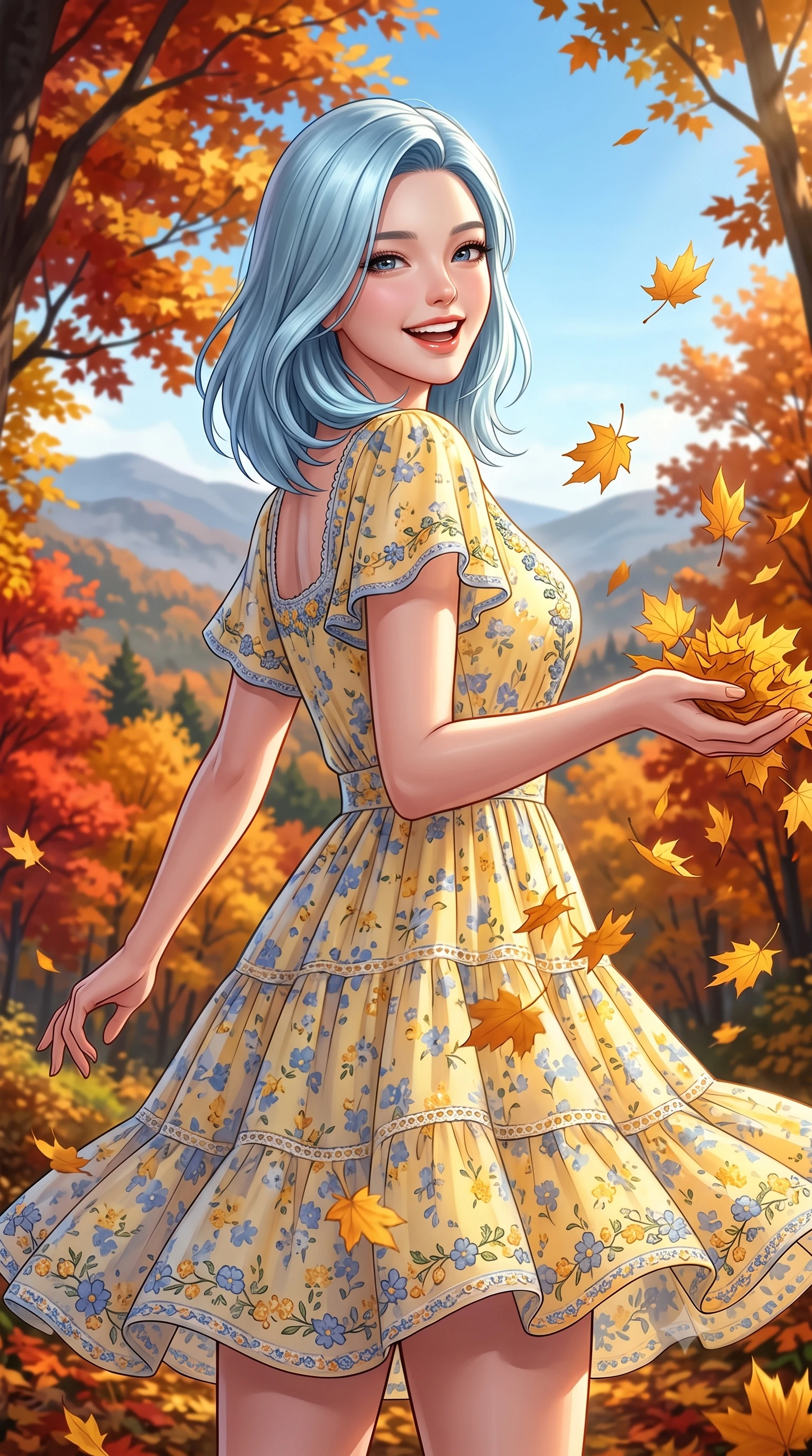 score_9, masterpiece, best quality, ultra-detailed, high-budget anime keyframe, semi-realistic 3D game render, editorial fashion photography, tasteful artistic composition, Korean woman. close-up cowboy shot from the waist and thighs up, the character dominates the composition, filling the frame with her large presence. extending one arm gracefully toward the scenery while turning back with an infectious, heartwarming smile while tossing a handful of golden maple leaves into the crisp autumn air with a bright, childlike laugh. The surrounding environment is rendered in vivid detail and crisp panoramic clarity. vibrant autumn forest gradients, distant misty mountain ridges, and clear blue autumn skies in high clarity. She has an exceptionally elegant, slender, and willowy female figure with an ultra-slim waist, a gracefully sculpted slender torso, toned flat midriff, and a refined slim silhouette. sharp v-shaped jawline, high-bridge nose, intricate jewel-like eyes with depth, thick eyelashes, glossy lips with a natural sheen, pure and lovely fresh girlhood expression, flawlessly proportioned anatomical accuracy, strict slender model proportions, natural body alignment, perfectly sculpted long slender limbs, ultra-slim waistline, clean dynamic posture without body distortion. wearing a breezy tiered chiffon sundress with delicate floral print and short flutter sleeves in sunny daffodil yellow and french blue, woven with delicate eyelet lace and breathable cotton voile, complemented by subtle floral embroidery along the neckline and hem, the breezy lightweight fabric fluttering softly against her delicate collarbones, narrow waist, and feminine curves. surrounded by a warm, romantic, and deeply nostalgic autumn sweetheart aura. highly saturated vibrant anime colors, detailed shading with soft gradients, rich glossy textures, high-contrast stereoscopic depth, volumetric dynamic lighting, master piece, 9:16 ratio