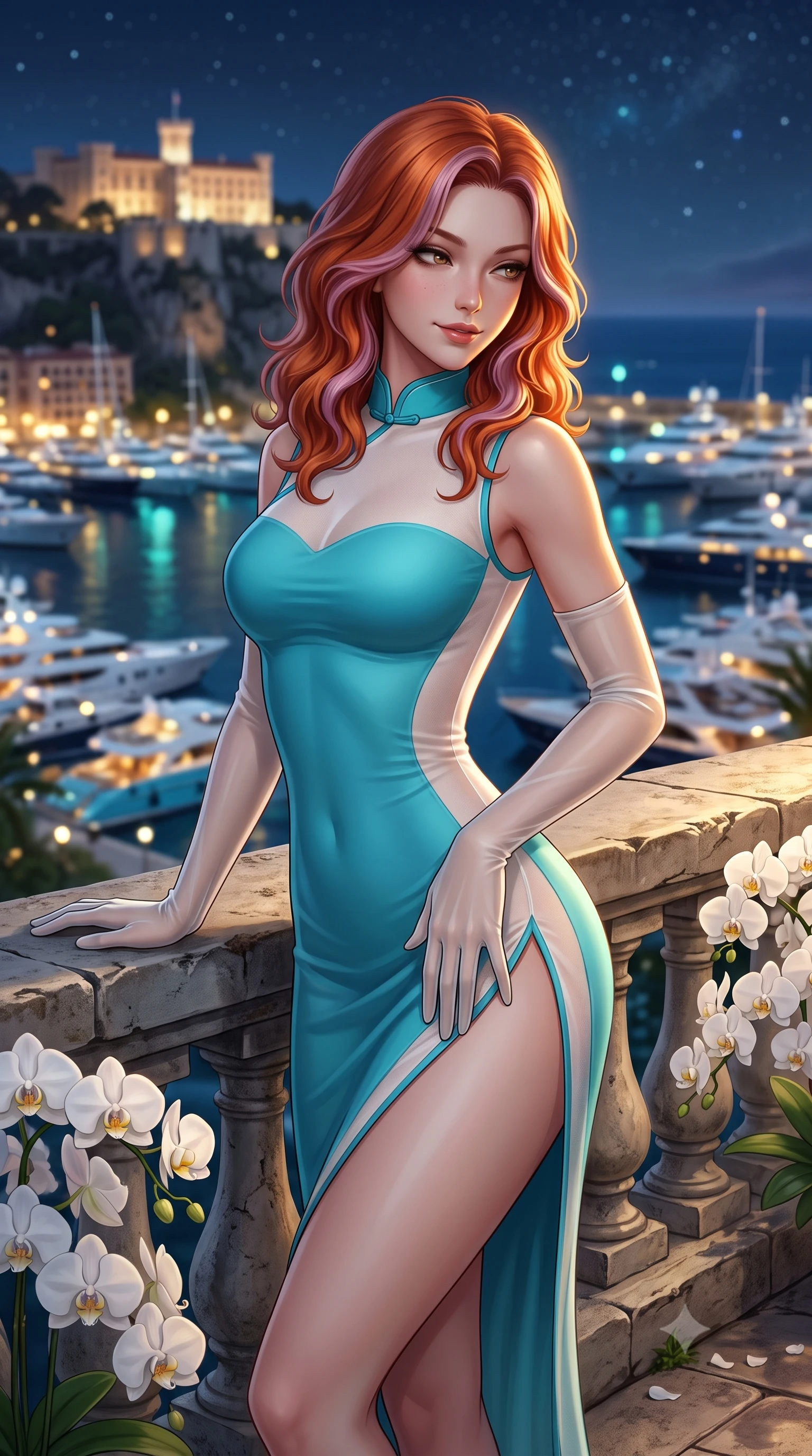score_9, masterpiece, best quality, ultra-detailed, high-budget anime keyframe, semi-realistic 3D game render, editorial fashion photography, tasteful artistic composition, Caucasian woman. close-up cowboy shot from the waist and thighs up, the character dominates the composition, filling the frame with her large presence. tilting her head with a teasing half-smile, running one hand slowly down the side of her hip in a flirtatious S-curve as ambient light caresses her silhouette while leaning against the stone parapet surrounded by blooming white orchids with hips cocked back, casting a smoldering glance toward the harbor. The background shows a soft-focus hundreds of illuminated luxury yachts moored in Port Hercules, Prince's Palace on the rock cliff, and starry sky blurred into aquamarine, gold, and sapphire bokeh. She has an exceptionally elegant, slender, and willowy female figure with an ultra-slim waist, flat toned midriff, narrow ribcage, and sculpted feminine hips creating an alluring, slim hourglass silhouette without bulk. sharp v-shaped jawline, high-bridge nose, sparkling eyes with hypnotic seductive depth, thick curled eyelashes, glossy parted lips with a natural dewy peach sheen, alluring bedroom-eyes with an enchanting coquettish smile, exuding magnetic siren charisma and sophisticated glamour, flawlessly proportioned anatomical accuracy, strict slender model proportions, natural body alignment, perfectly sculpted long slender limbs, ultra-slim waistline, clean dynamic posture without body distortion. wearing a modern cheongsam-inspired form-fitting sheer mesh cocktail dress with mandarin collar and dramatic hip-high side slits in Capri turquoise and pure pearl white, made of semi-opaque stretch illusion mesh with soft shadowy contours, complemented by sheer opera-length evening gloves tracing her slender arms, the high-slit wrap tailoring accentuating her ultra-slim waistline and the enchanting curve of her feminine hips with alluring seductive charm. illuminated by terrace flagstone reflection fill and sharp golden-amber rim lights sculpting her razor-sharp jawline, narrow waist, and curvy hips. highly saturated vibrant anime colors, detailed shading with soft gradients, rich glossy textures, high-contrast stereoscopic depth, volumetric dynamic lighting, master piece, 9:16 ratio