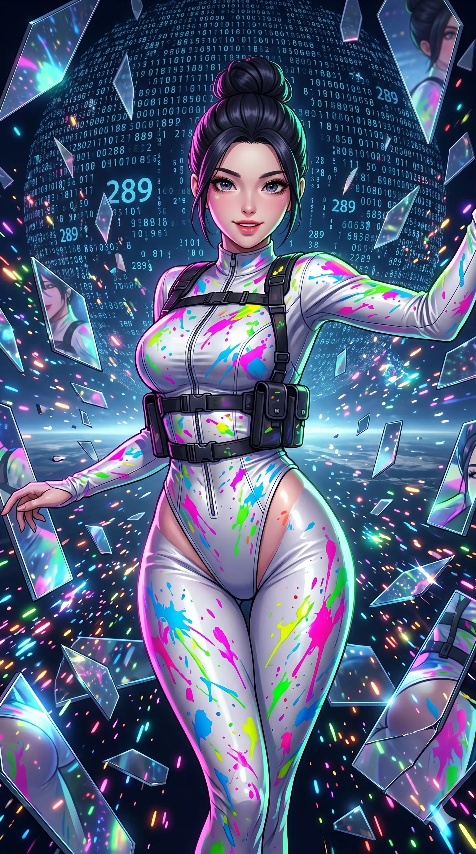 score_9, masterpiece, best quality, ultra-detailed, Set A: High-budget Anime Keyframe, Korean woman. Upper body close-up from the thighs up, character filling the screen for maximum presence. Dancing through a dimension of floating mirrors, while a digital blizzard of 289 bits obscures the horizon and surrounded by glowing energy sparks. She has an absolutely perfect 8-heads proportion, an exceptionally tall and slender female figure with impossibly long slender legs and an ultra-slim waist. Sharp v-shaped jawline, high-bridge nose, intricate jewel-like eyes with depth, thick eyelashes, glossy lips with a natural sheen. Wearing Neon-splattered white leather suit with high-cut legs and tactical harness. Cinematic lighting, vibrant colors, dramatic shadows, 2k, ultra detail, master piece, 9:16 ratio