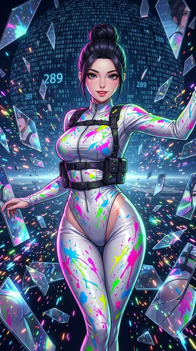 score_9, masterpiece, best quality, ultra-detailed, Set A: High-budget Anime Keyframe, Korean woman. Upper body close-up from the thighs up, character filling the screen for maximum presence. Dancing through a dimension of floating mirrors, while a d