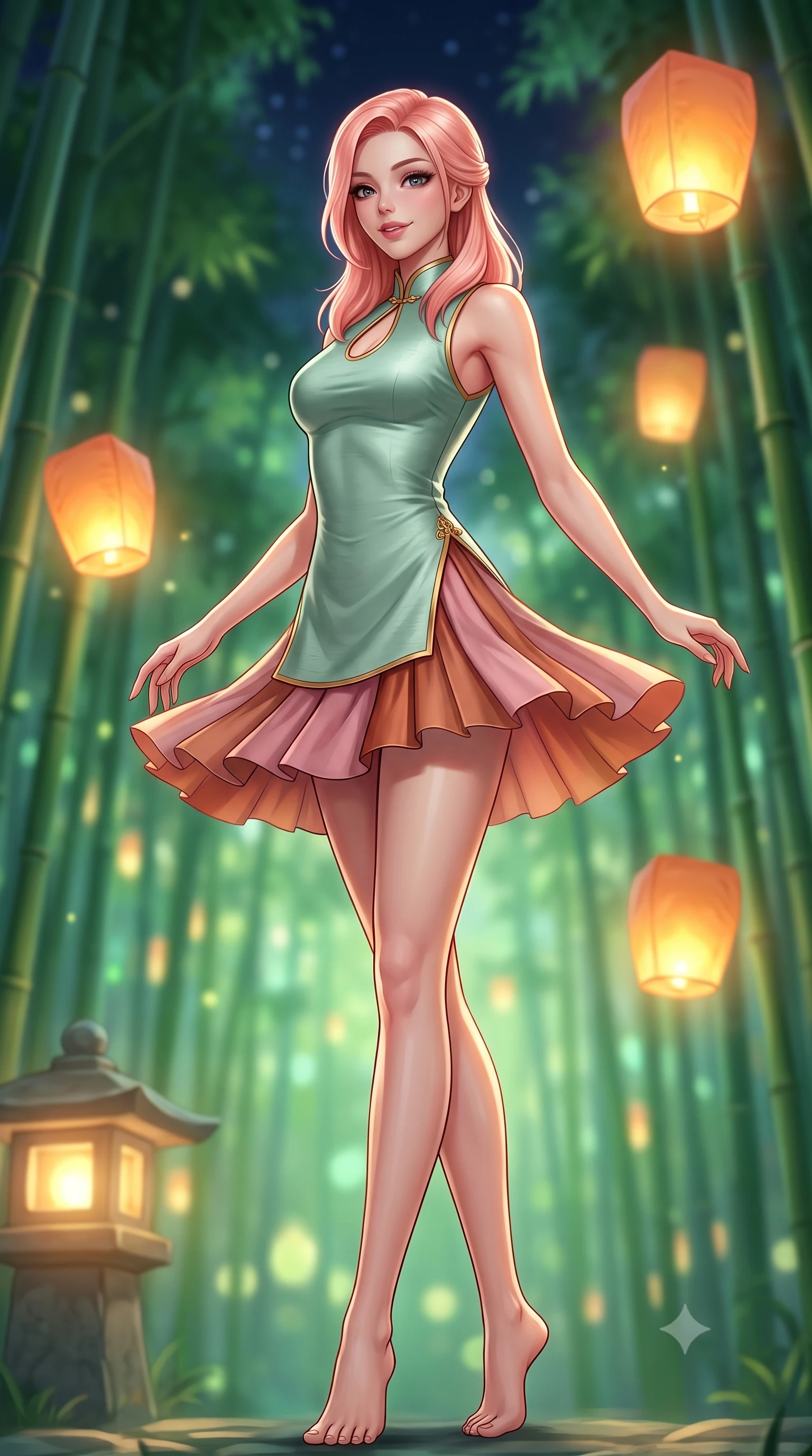 score_9, masterpiece, best quality, ultra-detailed, high-budget anime keyframe, semi-realistic 3D game render, editorial fashion photography, tasteful artistic composition, Japanese woman. low angle full-body shot from head to toe showing her feet, filling the entire 9:16 vertical frame with her statuesque presence, stretching her vertical silhouette. executing a graceful dancer pivot turn as her layered silk chima skirt flutters around her slender legs, glancing over her shoulder with an intoxicating bedroom-gaze while twisting her slender torso in an alluring S-curve, floating holographic paper lanterns casting warm amber glow across her narrow waist and hips. The background shows a soft-focus soaring emerald green bamboo groves reaching toward the midnight sky blurred into jade, chartreuse, and deep starlight bokeh. She has an absolutely perfect, statuesque 8.5-heads proportion, an exceptionally tall and slender model-like female figure with impossibly long slender legs, an ultra-slim waist, a flat toned midriff, narrow delicate ribcage, and beautifully sculpted feminine hips creating a graceful, slim hourglass silhouette without any bulky heaviness. sharp v-shaped jawline, high-bridge nose, intricate jewel-like dark sparkling almond eyes with depth, thick lashes, glossy parted lips with a natural rose-plum sheen, bright alluring and coquettish smile with bedroom-eyes, exuding both timeless oriental elegance and sovereign high-fashion allure, flawlessly proportioned anatomical accuracy, strict slender model proportions, natural body alignment, perfectly sculpted long slender limbs, ultra-slim waistline, clean dynamic posture without body distortion. wearing a sleeveless modern qipao top with an elegant teardrop chest keyhole cutout paired with a curve-hugging pleated mini skirt in dusty rose pink and burnished copper, tailored from smooth celadon raw silk with natural organic slub texture, finished with sharp laser-cut side hip slits framed by gold piping, the liquid-tight tailored silk fabric clinging flawlessly to her narrow waist and rounded feminine hips, emphasizing every millimeter of her sculpted slim hourglass curves without any bulky heaviness. illuminated by ground stone lantern bounce and sharp silver rim lights carving her sculpted collarbones, ultra-slim waist, and curvy hips. highly saturated vibrant anime colors, detailed shading with soft gradients, rich glossy textures, high-contrast stereoscopic depth, volumetric dynamic lighting, master piece, 9:16 ratio