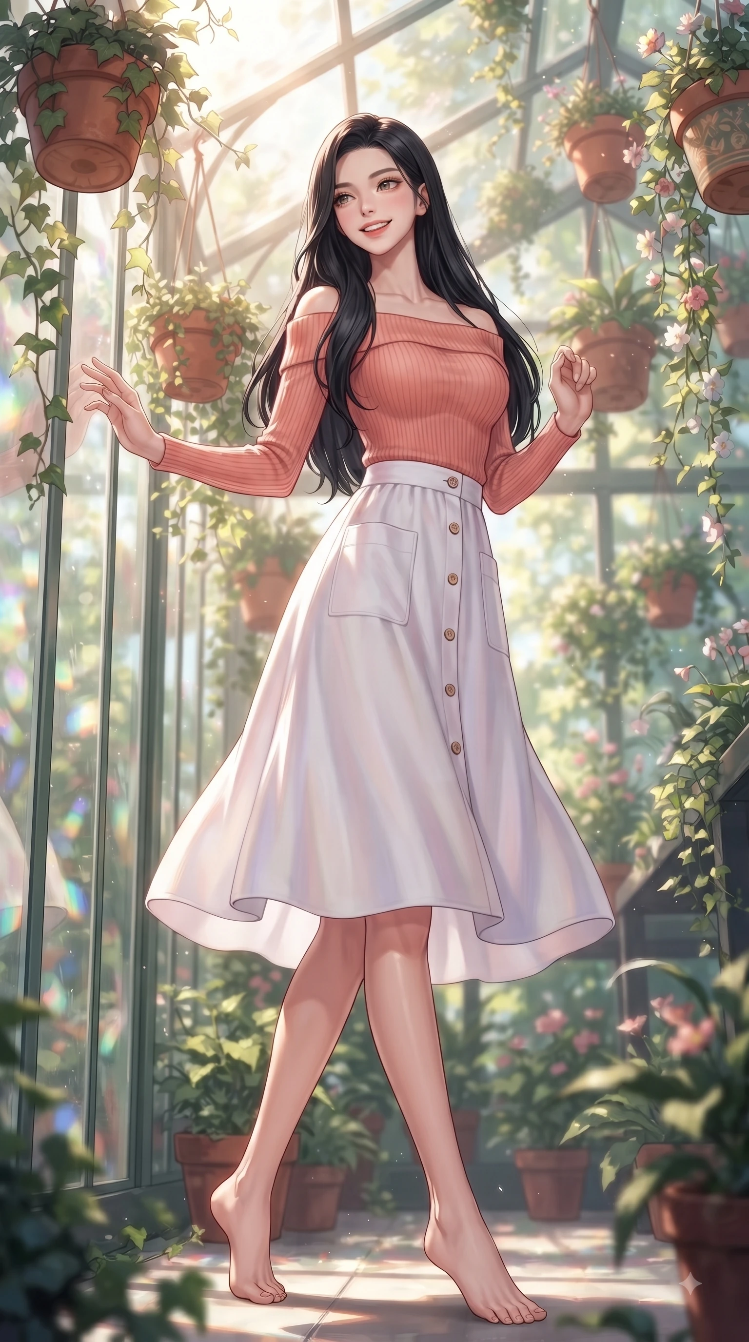 score_9, masterpiece, best quality, ultra-detailed, high-budget anime keyframe, editorial fashion photography, tasteful artistic composition, Korean woman. low angle full-body shot from head to toe showing her feet, filling the entire 9:16 vertical frame with her statuesque presence, stretching her vertical silhouette. pivoting dynamically with a fresh infectious smile, her ultra-slim waist creating a sweeping fluid curve while leaning against a glass greenhouse wall surrounded by hanging terracotta flower pots and ivy. The composition keeps background elements in soft focus with dreamy bokeh. cascading botanical vines and delicate greenhouse refractions softened in creamy depth of field. She has an absolutely perfect, statuesque 8.5-heads proportion, an exceptionally tall and slender model-like female figure with impossibly long slender legs and an ultra-slim waist. sharp v-shaped jawline, high-bridge nose, intricate jewel-like eyes with depth, thick eyelashes, glossy lips with a natural sheen, flawlessly proportioned anatomical accuracy, natural body alignment, perfectly sculpted elegant limbs, clean dynamic posture without body distortion. wearing a soft coral off-shoulder ribbed knit top paired with a flowy white A-line midi skirt in pastel lilac and soft rose gold, knitted from soft cozy cashmere yarn, finished with neat front wooden buttons and pocket details, the tailored casual silhouette highlighting her fresh and youthful presence. surrounded by a peaceful, sun-drenched, and healing greenhouse atmosphere. ultra-reflective glossy finish, specular highlights, metallic sheen, high-contrast stereoscopic depth, volumetric dynamic lighting, 2k, ultra detail, master piece, 9:16 ratio