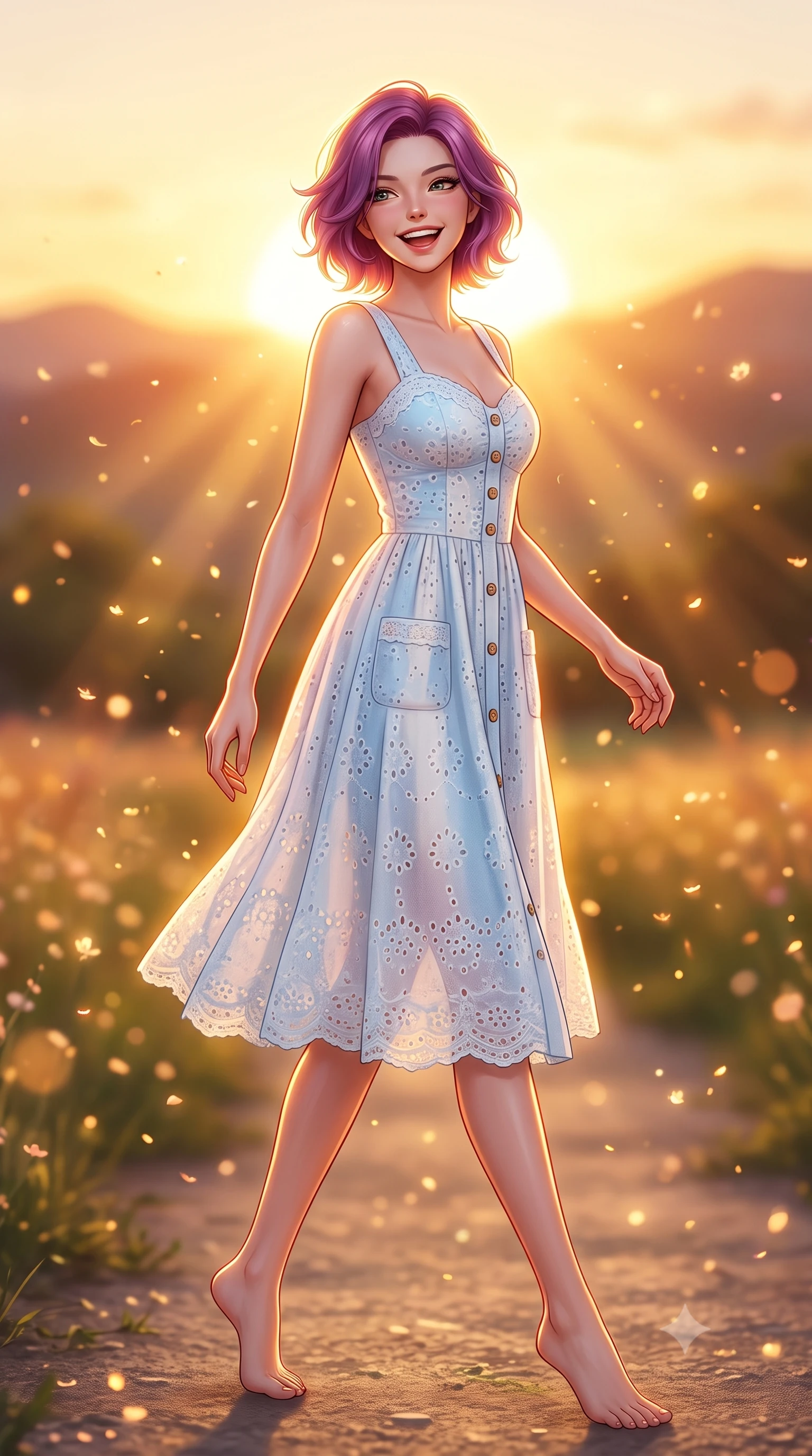score_9, masterpiece, best quality, ultra-detailed, high-budget anime keyframe, semi-realistic 3D game render, editorial fashion photography, tasteful artistic composition, Caucasian woman. low angle full-body shot from head to toe showing her feet, filling the entire 9:16 vertical frame with her statuesque presence, stretching her vertical silhouette. walking forward in a cheerful, dynamic stride with a radiant beaming smile, her statuesque silhouette filling the frame while turning back with a playful, joyful laugh as the setting sun creates a golden halo around her lovely silhouette. The composition keeps background elements in soft focus with creamy bokeh. warm golden hour sunset rays and floating flower dust scattering radiant bokeh motes. She has an absolutely perfect, statuesque 8.5-heads proportion, an exceptionally tall and slender model-like female figure with impossibly long slender legs, a toned flat midriff, and an ultra-slim waist. sharp v-shaped jawline, high-bridge nose, intricate jewel-like eyes with depth, thick eyelashes, glossy lips with a natural sheen, pure and lovely fresh girlhood expression, flawlessly proportioned anatomical accuracy, strict slender model proportions, natural body alignment, perfectly sculpted long slender limbs, ultra-slim waistline, clean dynamic posture without body distortion. wearing an airy eyelet lace cotton midi dress with a sweetheart neckline and wooden front buttons in gentle baby blue and cloud white, tailored from soft pastel lightweight wool blend with subtle texture, finished with neat natural wooden buttons and patch pocket details, the relaxed yet flattering fit accentuating her naturally graceful and slender figure, highlighting her youthful charm and lovely silhouette. bathed in gorgeous warm golden hour sunset backlighting creating a glowing rim light along her hair and figure. highly saturated vibrant anime colors, detailed shading with soft gradients, rich glossy textures, high-contrast stereoscopic depth, volumetric dynamic lighting, master piece, 9:16 ratio