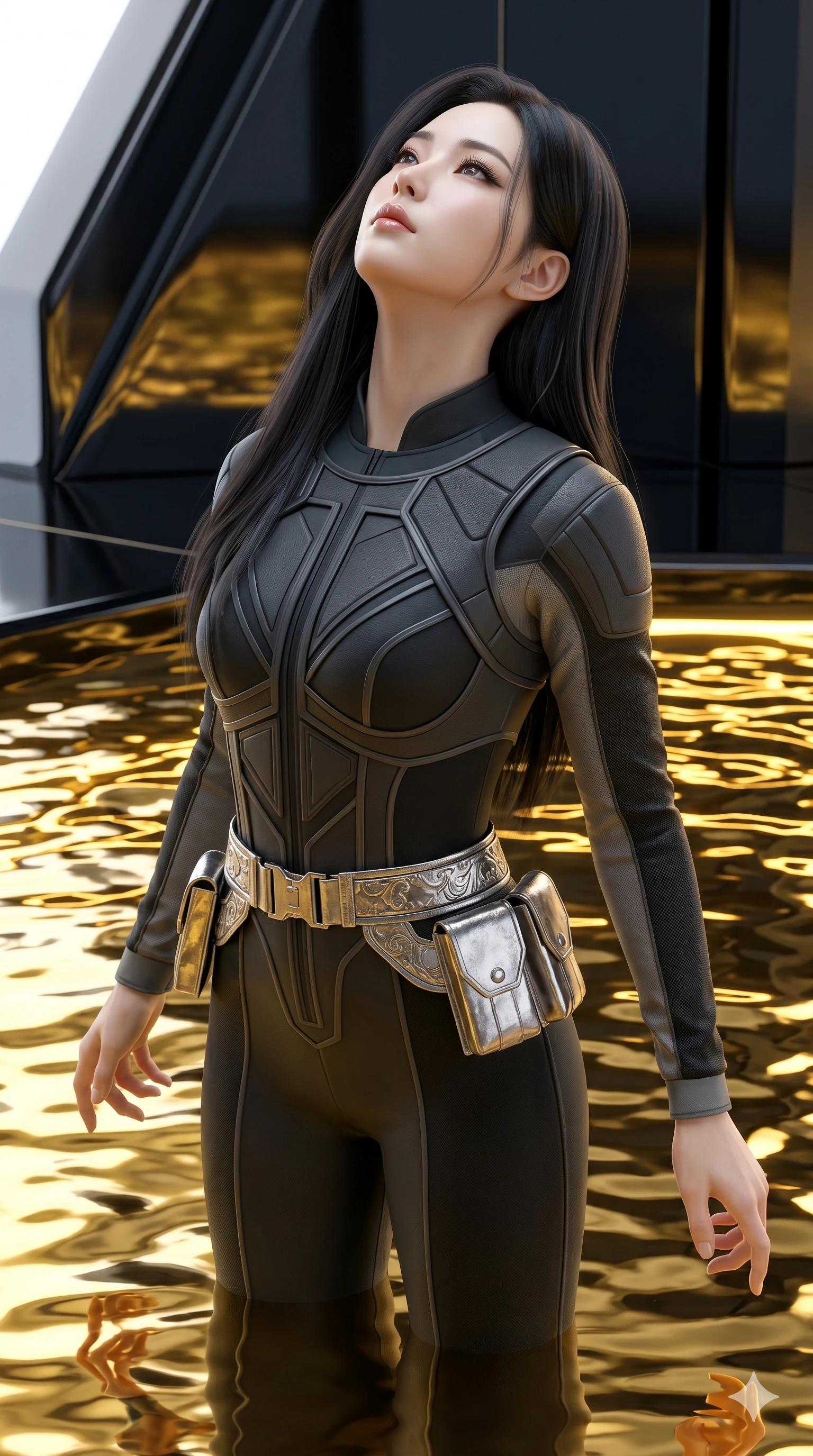 score_9, masterpiece, best quality, ultra-detailed, high-budget anime keyframe, semi-realistic 3D game render, Korean woman. Upper body close-up from the thighs up, character filling the screen for maximum presence. She is standing in a high-tech obsidian pool filled with glowing liquid gold. She tilts her head back with a serene expression, framing her shoulders and neckline beautifully. She has an absolutely perfect 8-heads proportion, a tall and elegant figure with a refined silhouette and a defined waistline. V-shaped jawline, high-bridge nose, intricate jewel-like eyes with depth, thick eyelashes, glossy lips with a natural sheen. She is wearing a high-fashion tech-jumpsuit featuring structured panel overlays across the torso and shoulders, accented by a metallic silver utility belt and textured fabric sleeves. The scene is lit by shimmering gold reflections from the liquid pool and bright studio key lights. 2k, ultra detail, master piece, 9:16 ratio