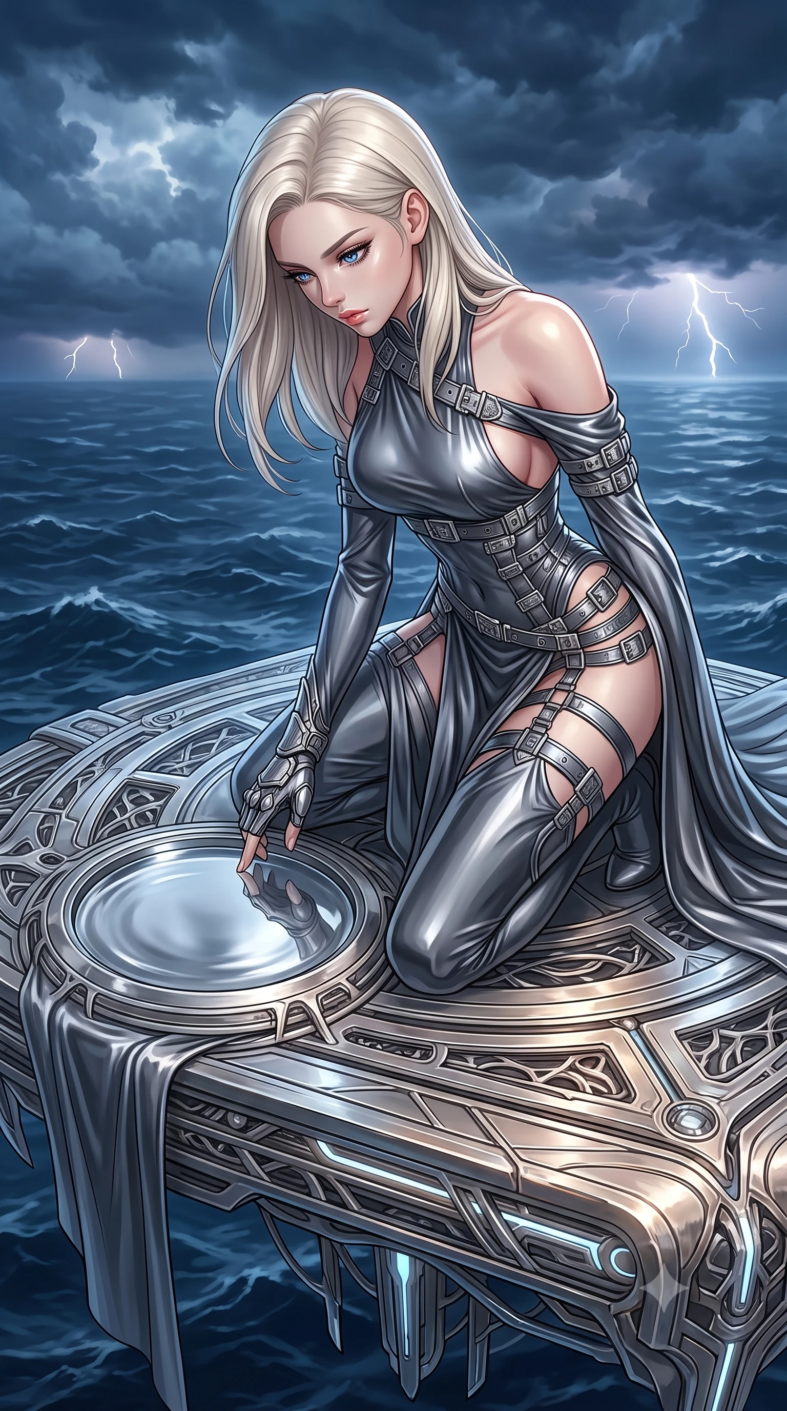 score_9, masterpiece, best quality, ultra-detailed, High-budget Anime Keyframe, Caucasian woman, strictly human ears. Low angle cowboy shot filling the entire 9:16 frame with her statuesque presence. Scenario 277: gazing at her reflection in a pool of liquid silver in a floating platform suspended over a stormy sea of dark blue water. Her presence is magnetic and overpowering in this high-budget anime scene. Outfit 277: a form-contouring molten liquid silk garter with a low-cut shoulder and metallic buckles. The clothing is designed to emphasize her exceptionally tall and slender 8-heads proportion. 8-heads proportion, towering silhouette, ultra-slim waist. sharp v-shaped jawline, intricate jewel-like eyes with depth, thick eyelashes, glossy lips. 2k, ultra detail, master piece, 9:16 ratio