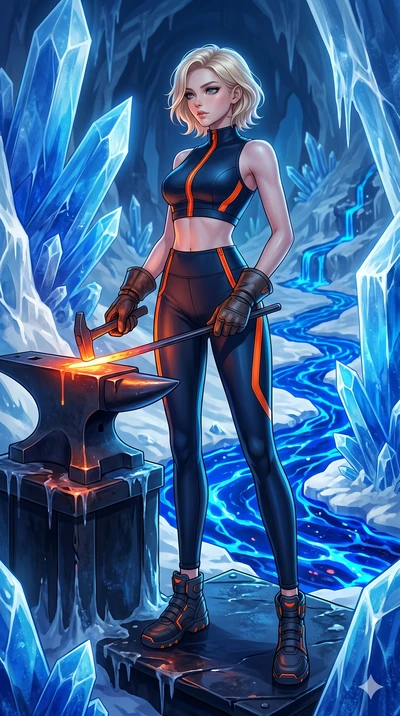 score_9, masterpiece, best quality, ultra-detailed, high-budget anime keyframe, Caucasian woman, strictly human ears. low angle full-body shot filling the entire 9:16 frame with her statuesque presence, stretching the vertical silhouette. forging in 