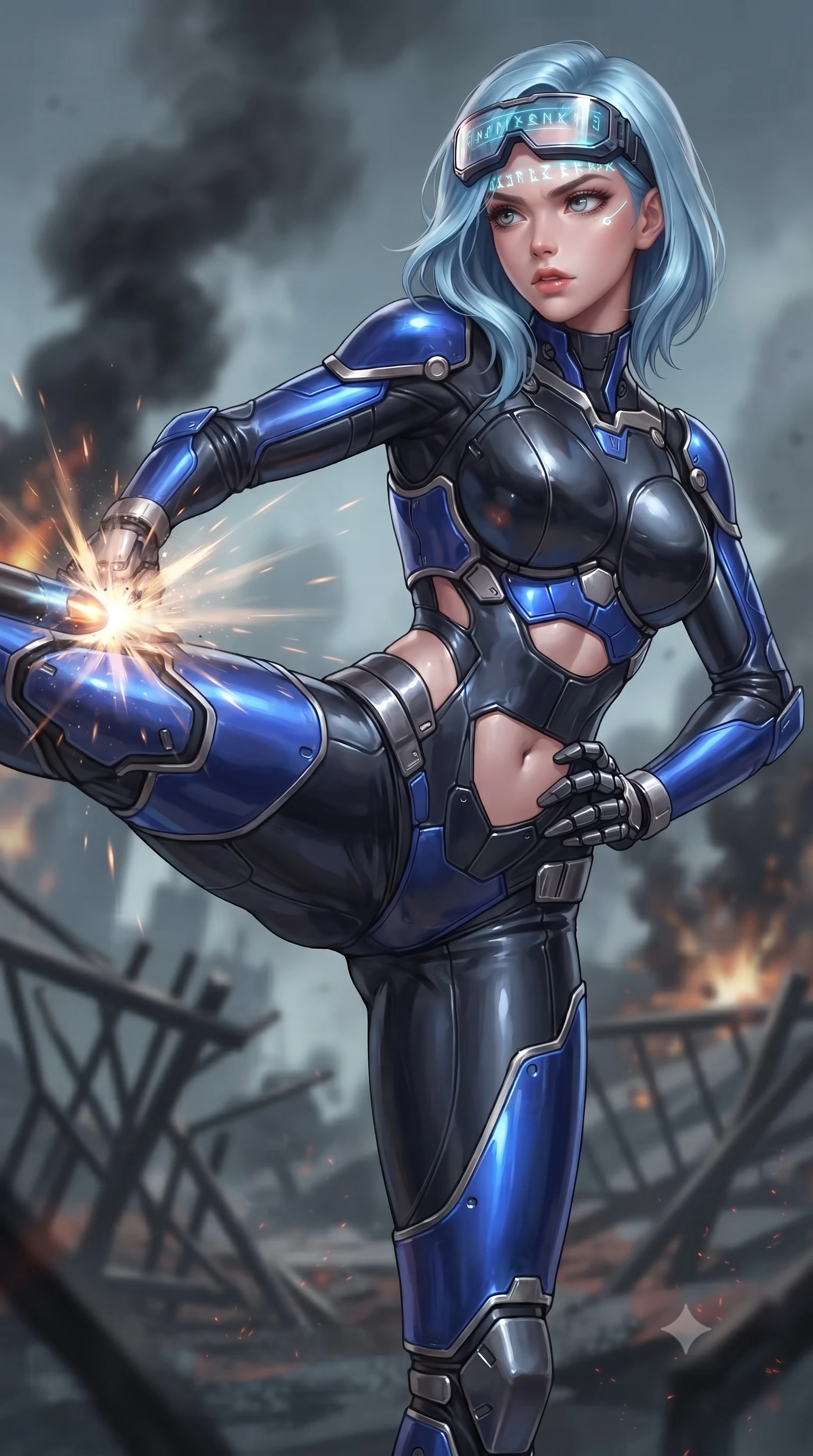 score_9, masterpiece, best quality, ultra-detailed, high-budget anime keyframe, editorial fashion photography, tasteful artistic composition, Korean woman. close-up cowboy shot from the waist and thighs up, the character dominates the composition, filling the frame with her large presence. resting one armored hand on her hip while glancing over her shoulder with thick eyelashes and an indomitable, smoldering combat gaze while delivering a sweeping roundhouse kick that deflects an incoming kinetic projectile with thunderous impact. The composition keeps background elements in soft focus with creamy bokeh. twisted metal barriers and rising black smoke plumes softened in moody shallow focus. She has an exceptionally elegant, slender, and willowy female figure with an ultra-slim waist, a gracefully sculpted slender torso, toned flat midriff, and a refined slim silhouette. sharp v-shaped jawline, high-bridge nose, intricate jewel-like eyes with depth, thick eyelashes, glossy lips with a natural sheen, fierce and resolute heroine expression, flawlessly proportioned anatomical accuracy, strict slender model proportions, natural body alignment, perfectly sculpted long slender limbs, ultra-slim waistline, clean dynamic posture without body distortion. wearing high-tech holographic tactical goggles resting tipped up on her forehead, casting glowing neon runes across her brow without obscuring her features, paired with a form-contouring high-mobility battle-suit featuring sculpted carbon chest plating, diagonal midriff ventilation cutouts, and kinetic knee vambraces in electric cobalt blue carbon with brushed platinum tactical trim, made of liquid carbon-jersey fabric accentuating every curve of her tall, slender model proportions, finished with high-mobility flexible armor articulation seams and miniature magnetic locks, the precision-cut daring openings accentuating her delicate midriff, graceful bare collarbones, and ultra-slim feminine waistline. surrounded by a rebellious, passionate, and fiercely alluring dystopian freedom-fighter aura. ultra-reflective glossy finish, specular highlights, dark metallic sheen, high-contrast stereoscopic depth, volumetric dynamic lighting, 2k, ultra detail, master piece, 9:16 ratio