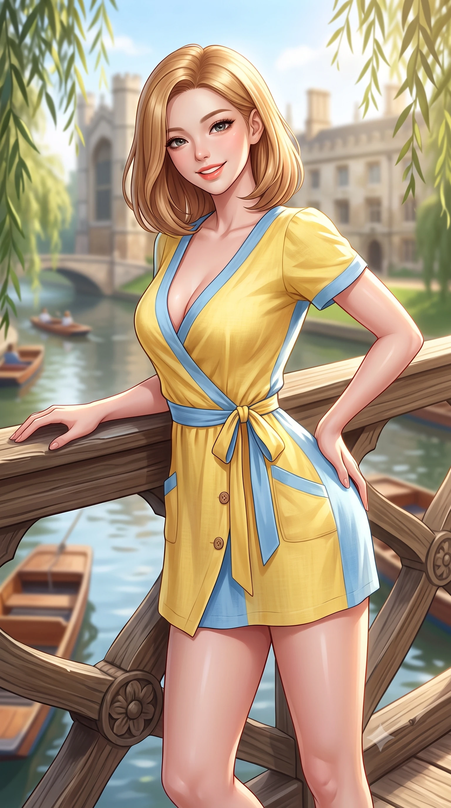 score_9, masterpiece, best quality, ultra-detailed, high-budget anime keyframe, semi-realistic 3D game render, editorial fashion photography, tasteful artistic composition, Korean woman. close-up cowboy shot from the waist and thighs up, the character dominates the composition, filling the frame with her large presence. tilting her head with a cute beaming smile while arching her spine with effortless dancer poise, one hand sliding along her hip line in a flirtatious S-curve while leaning against the carved timber railing of the historic Mathematical Bridge, arching her back with a bright, charming smile over the River Cam. The composition keeps background elements in soft focus with dreamy creamy bokeh. wooden punting boats and historic stone quads softened in nostalgic collegiate shallow focus. She has an exceptionally elegant, slender, and willowy female figure with an ultra-slim waist, flat toned midriff, narrow ribcage, and sculpted feminine hips creating an alluring, slim hourglass silhouette without bulk. sharp v-shaped jawline, high-bridge nose, intricate jewel-like sparkling eyes with depth, thick eyelashes, glossy parted lips with a natural peach sheen, bright cheerful beaming smile with an enchanting and coquettish sensual glint, exuding both youthful cute charm and seductive allure, flawlessly proportioned anatomical accuracy, strict slender model proportions, natural body alignment, perfectly sculpted long slender limbs, ultra-slim waistline, clean dynamic posture without body distortion. wearing a breezy wrap mini dress with a deep V-neckline and tie-waist accentuating her sculpted flat midriff and hips in sunny daffodil yellow and clear sky blue, crafted from soft breathable linen with effortless natural drape, finished with neat front wooden buttons and delicate pocket details, the glove-like silhouette tightly following the natural contour of her hips and long slender legs with youthful 8.5-heads elegance. bathed in gentle, luminous English afternoon sunlight filtering through willow branches. highly saturated vibrant anime colors, detailed shading with soft gradients, rich glossy textures, high-contrast stereoscopic depth, volumetric dynamic lighting, master piece, 9:16 ratio