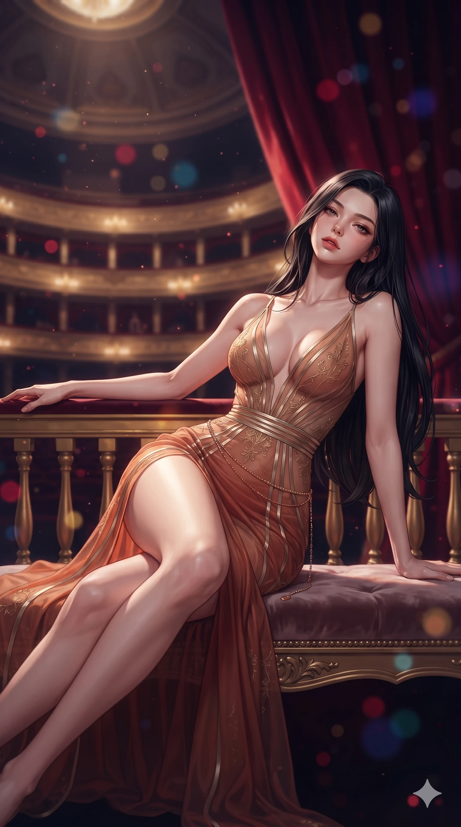 score_9, masterpiece, best quality, ultra-detailed, high-budget anime keyframe, semi-realistic 3D game render, editorial fashion photography, tasteful artistic composition, Korean woman. close-up cowboy shot from the waist and thighs up, the character dominates the composition, filling the frame with her large presence. leaning back against the balustrade with relaxed seductive grace, head tilted back slightly while casting a hypnotic, heavy-lidded gaze while lounging gracefully across the velvet opera bench propped on one elbow with legs extended, displaying her long slender limbs and statuesque hourglass silhouette. The composition keeps background elements in soft focus with creamy bokeh: tiered gilded opera tiers rising into the shadowed dome, monumental crimson velvet curtains, and floating stage dust motes blurred into ruby, gold, and indigo bokeh. She has an exceptionally elegant, slender, and willowy female figure with an ultra-slim waist, flat toned midriff, narrow ribcage, and sculpted feminine hips creating an alluring, slim hourglass silhouette without bulk. sharp v-shaped jawline, high-bridge nose, intricate jewel-like eyes with depth, thick eyelashes, glossy parted lips with a natural sheen, intensely captivating and seductive bedroom-eyes expression, flawlessly proportioned anatomical accuracy, strict slender model proportions, natural body alignment, perfectly sculpted long slender limbs, ultra-slim waistline, clean dynamic posture without body distortion. wearing a plunge-front sheer illusion tulle slip dress with liquid platinum ribbon stripes hugging her curves in warm Tuscan ochre and terracotta sienna, tailored from liquid silk jersey adhering flawlessly to her slender build, accented with a delicate gold chain belt resting loosely on her curvy hips, the impeccably tailored cut draping gracefully along her slender figure with aristocratic poise. highly saturated vibrant anime colors, dramatic stage rim lights sculpting her razor-sharp jawline and feminine curves. highly saturated vibrant anime colors, detailed shading with soft gradients, rich glossy textures, high-contrast stereoscopic depth, volumetric dynamic lighting, master piece, 9:16 ratio