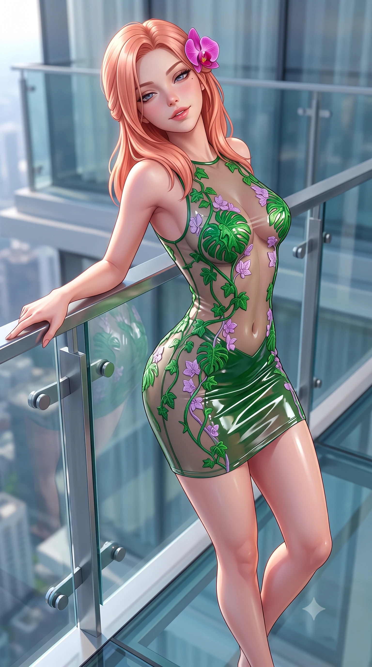 score_9, masterpiece, best quality, ultra-detailed, high-budget anime keyframe, semi-realistic 3D game render, editorial fashion photography, tasteful artistic composition, Japanese woman. close-up cowboy shot from the waist and thighs up, the character dominates the composition, filling the frame with her large presence. leaning back against the balustrade with relaxed seductive grace, head tilted back slightly while casting a hypnotic, heavy-lidded gaze while standing poised on the transparent glass balcony suspended sixty stories in the air, arching her back with breathless supermodel daring. The background shows a soft-focus glass balcony structural brackets softened in dizzying aerial shallow focus. She has an exceptionally elegant, slender, and willowy female figure with an ultra-slim waist, flat toned midriff, narrow ribcage, and sculpted feminine hips creating an alluring, slim hourglass silhouette without bulk. sharp v-shaped jawline, high-bridge nose, sparkling eyes with hypnotic seductive depth, thick curled eyelashes, glossy parted lips with a natural dewy peach sheen, alluring bedroom-eyes with an enchanting coquettish smile, exuding magnetic siren charisma and sophisticated glamour, flawlessly proportioned anatomical accuracy, strict slender model proportions, natural body alignment, perfectly sculpted long slender limbs, ultra-slim waistline, clean dynamic posture without body distortion. wearing a provocative sheer illusion mesh botanical dress with embroidered climbing ivy ribbons contouring her curves in vibrant jungle monstera green and dewy orchid lavender, crafted from wet-look high-gloss vinyl fabric with dazzling specular surface reflections, accented with a fresh-bloomed exotic magenta orchid tucked gracefully into her dark glossy hair, the form-contouring silhouette accentuating her sculpted flat midriff, narrow delicate ribcage, and gracefully curvy hips with intoxicating allure. bathed in exterior architectural facade floodlights combined with cool midnight delta breeze ambient fill. highly saturated vibrant anime colors, detailed shading with soft gradients, rich glossy textures, high-contrast stereoscopic depth, volumetric dynamic lighting, master piece, 9:16 ratio