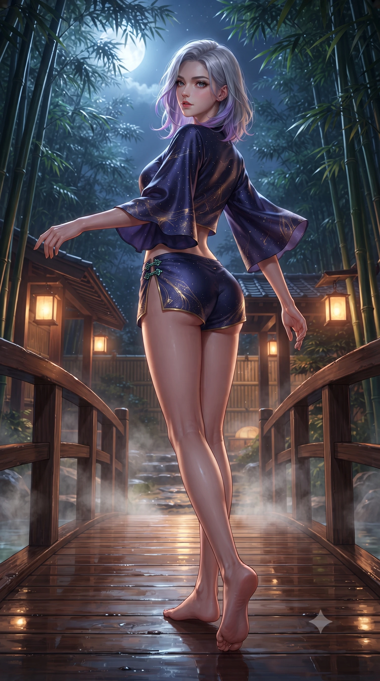 score_9, masterpiece, best quality, ultra-detailed, high-budget anime keyframe, editorial fashion photography, tasteful artistic composition, Caucasian woman. low angle full-body shot from head to toe showing her feet, filling the entire 9:16 vertical frame with her statuesque presence, stretching her vertical silhouette. executing an elegant mid-motion pivot turn as garments swirl around her slender limbs, glancing over her shoulder with an intoxicating bedroom-gaze while standing poised on the wooden bridge terrace, twisting her upper body in an alluring S-curve as night wind rustles through the bamboo canopy. The surrounding environment is rendered in vivid detail and crisp panoramic clarity. atmospheric nocturnal Japanese chiaroscuro and serene hot-spring retreat luxury rendered with precision. She has an absolutely perfect, statuesque 8.5-heads proportion, an exceptionally tall and slender model-like female figure with impossibly long slender legs, a toned flat midriff, an ultra-slim waist, and beautifully sculpted feminine hips. sharp v-shaped jawline, high-bridge nose, intricate jewel-like eyes with depth, thick eyelashes, glossy parted lips with a natural sheen, intensely captivating and seductive bedroom-eyes expression, flawlessly proportioned anatomical accuracy, strict slender model proportions, natural body alignment, perfectly sculpted long slender limbs, ultra-slim waistline, clean dynamic posture without body distortion. wearing a modern shortened silk-yukata crop top with wide fluttering sleeves and low-slung swim shorts in midnight indigo and glowing starlight gold, crafted from weightless prism organza that refracts light with every motion, finished with an ultra-high side slit secured by miniature jade clasps, the liquid-tight tailored fabric clinging flawlessly to her narrow waist and rounded feminine hips, emphasizing every millimeter of her sculpted hourglass curves during movement. bathed in cool silver full-moon light streaming through the bamboo canopy and warm amber lantern downlights. ultra-reflective glossy finish, specular highlights, rich textural contrasts, high-contrast stereoscopic depth, volumetric dynamic lighting, 2k, ultra detail, master piece, 9:16 ratio