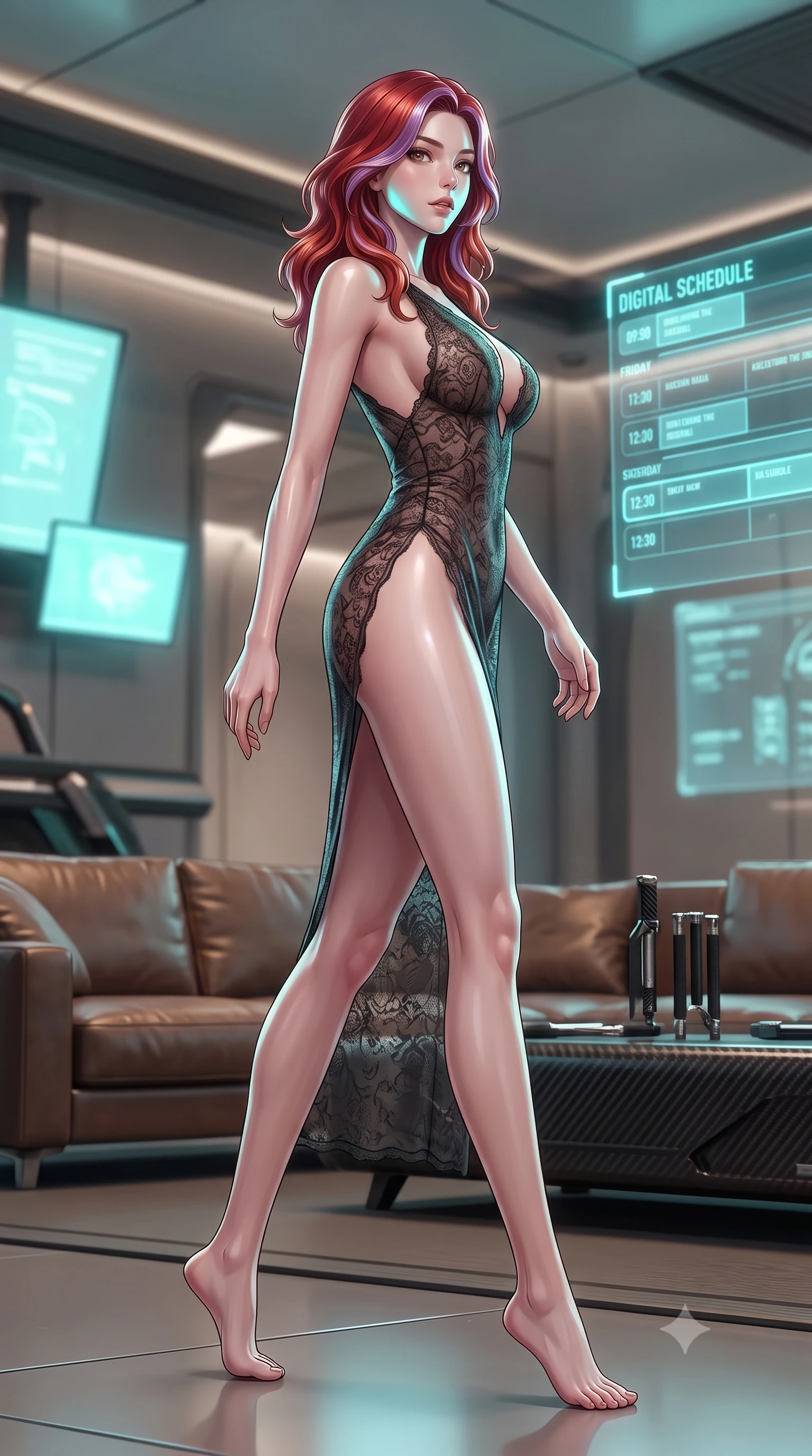 score_9, masterpiece, best quality, ultra-detailed, high-budget anime keyframe, editorial fashion photography, tasteful artistic composition, Caucasian woman. low angle full-body shot from head to toe showing her feet, filling the entire 9:16 vertical frame with her statuesque presence, stretching her vertical silhouette. stepping gracefully while looking back over her shoulder, her dress draped tightly to reveal her silhouette the background shows a soft-focus a cyber-garage lounge with leather sofas, carbon tools, and glowing schedules. She has an absolutely perfect, statuesque 8.5-heads proportion, an exceptionally tall and slender model-like female figure with impossibly long slender legs and an ultra-slim waist. sharp v-shaped jawline, high-bridge nose, intricate jewel-like eyes with depth, thick eyelashes, glossy lips with a natural sheen. wearing a body-hugging semi-opaque dark lace dress with a plunging neckline and high-cut leg line. soft cyan glow radiating from the screens onto her sharp jawline. ultra-reflective glossy finish, specular highlights, metallic sheen, high-contrast stereoscopic depth, volumetric dynamic lighting, 2k, ultra detail, master piece, 9:16 ratio
