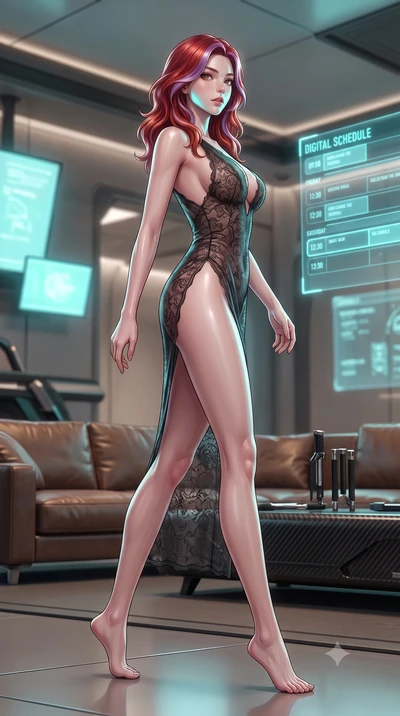 score_9, masterpiece, best quality, ultra-detailed, high-budget anime keyframe, editorial fashion photography, tasteful artistic composition, Caucasian woman. low angle full-body shot from head to toe showing her feet, filling the entire 9:16 vertica