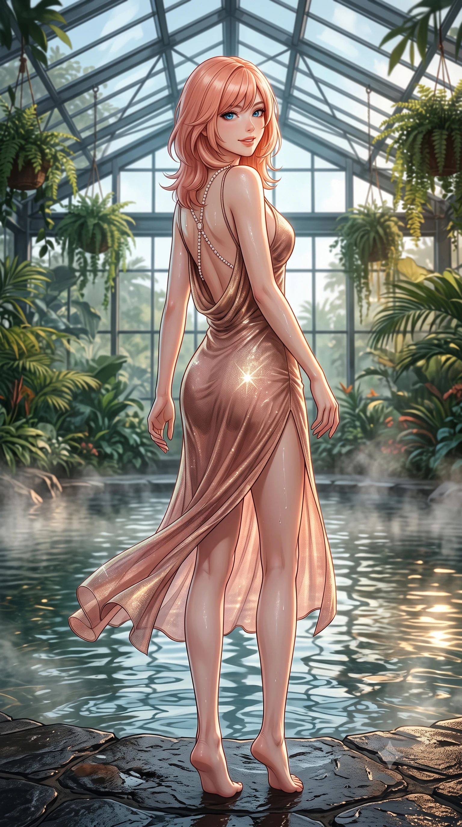 score_9, masterpiece, best quality, ultra-detailed, high-budget anime keyframe, editorial fashion photography, tasteful artistic composition, Japanese woman. low angle full-body shot from head to toe showing her feet, filling the entire 9:16 vertical frame with her statuesque presence, stretching her vertical silhouette. executing a slow, graceful pivot turn as her skirt sways around her slender legs, glancing back with an enchanting, teasing sensual expression while standing poised on the heated lava stone deck beside the steaming botanical thermal pool under the soaring glass conservatory truss, arching her back with siren allure. The surrounding environment is rendered in vivid detail and crisp panoramic clarity: detailed garment cut, bodycon cling, and eco-luxury architectural craft in high resolution. She has an exceptionally tall and slender model-like 8.5-heads proportion, an ultra-slim waist, a flat toned midriff, narrow delicate ribcage, and beautifully sculpted feminine hips creating a graceful, slim hourglass silhouette without any bulky heaviness, with impossibly long slender legs. sharp v-shaped jawline, high-bridge nose, intricate jewel-like sparkling eyes with depth, thick eyelashes, glossy parted lips with a natural peach sheen, bright cheerful beaming smile with an enchanting and coquettish sensual glint, exuding both youthful cute charm and seductive allure, flawlessly proportioned anatomical accuracy, strict slender model proportions, natural body alignment, perfectly sculpted long slender limbs, ultra-slim waistline, clean dynamic posture without body distortion. wearing a form-contouring gossamer silk chiffon slip dress with a hip-high slit and open cowl back clinging with dewy moisture in rose-quartz blush and antique burnished brass, woven from stretch metallic lurex jersey casting radiant starlight glints across her curves, accented with a pearl-drop body harness subtly framing her dewy collarbones and spine, the form-contouring silhouette accentuating her sculpted flat midriff, narrow delicate ribcage, and gracefully curvy hips with intoxicating allure. illuminated by mineral pool specular bounce and sharp gold-cyan dual rim lights sculpting her jawline, narrow waist, and curvy hips. ultra-reflective glossy finish, specular highlights, rich textural contrasts, high-contrast stereoscopic depth, volumetric dynamic lighting, 2k, ultra detail, master piece, 9:16 ratio