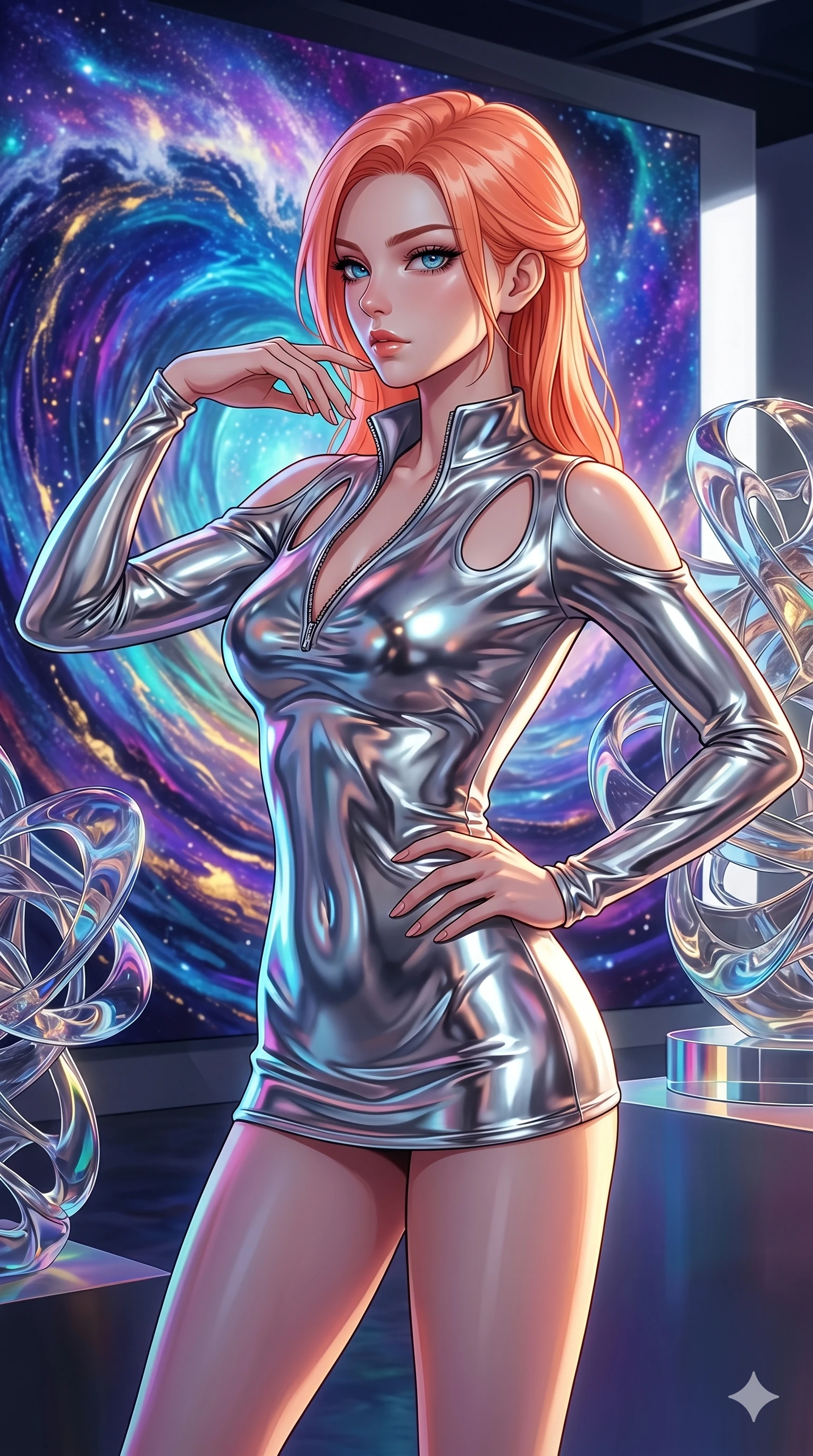 score_9, masterpiece, best quality, ultra-detailed, high-budget anime keyframe, editorial fashion photography, tasteful artistic composition, Japanese woman. Upper body close-up from the thighs up, character filling the screen for maximum presence. She is standing in front of a giant digital painting of a cosmic wave, with abstract glass sculptures around. She poses elegantly, glancing sideways with a piercing gaze. She has an absolutely perfect 8-heads proportion, an exceptionally tall and slender female figure with impossibly long slender legs and an ultra-slim waist. V-shaped jawline, high-bridge nose, intricate jewel-like eyes with depth, thick eyelashes, glossy lips with a natural sheen. She is wearing a form-fitting top made of molten liquid-mercury fabric that clings to her curves, with strategic tear-drop shoulder cutouts and a dangerously unzipped front collar. The scene is bathed in vibrant projections from the digital painting and a sharp white side key light. 2k, ultra detail, master piece, 9:16 ratio