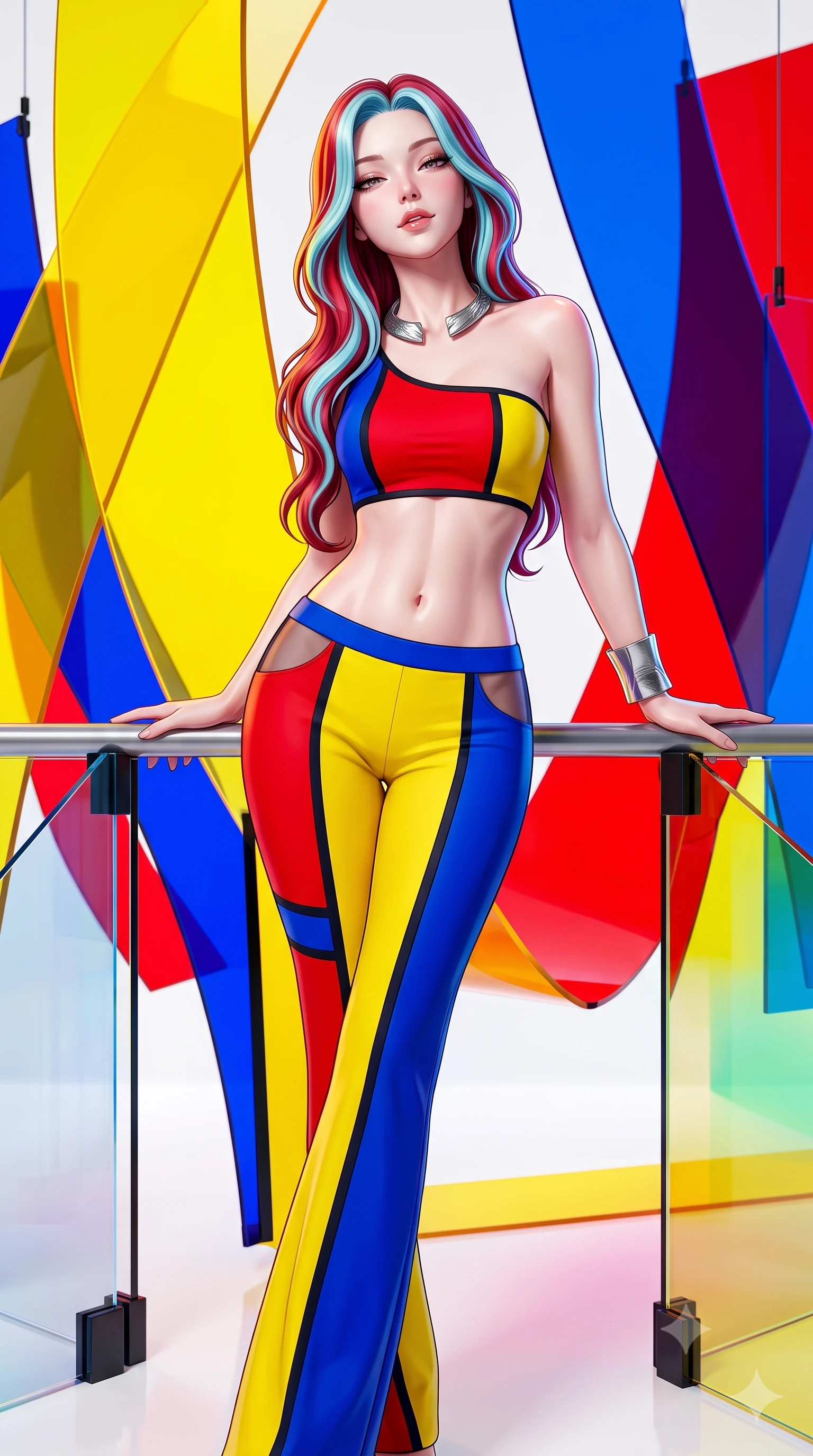 score_9, masterpiece, best quality, ultra-detailed, high-budget anime keyframe, semi-realistic 3D game render, editorial fashion photography, tasteful artistic composition, Caucasian woman. close-up cowboy shot from the waist and thighs up, the character dominates the composition, filling the frame with her large presence. leaning back against the balustrade with relaxed seductive grace, head tilted back slightly while casting a hypnotic, heavy-lidded gaze while standing poised between suspended sheets of primary yellow, red, and blue acrylic, arching her back with vibrant pop-art allure. The surrounding environment is rendered in vivid detail and crisp panoramic clarity: sharp translucent acrylic sheet edges, black powder-coated steel joints, and polished white resin floor sheen in deep focus. She has an exceptionally elegant, slender, and willowy female figure with an ultra-slim waist, flat toned midriff, narrow ribcage, and sculpted feminine hips creating an alluring, slim hourglass silhouette without bulk. sharp v-shaped jawline, high-bridge nose, sparkling eyes with hypnotic seductive depth, thick curled eyelashes, glossy parted lips with a natural dewy peach sheen, alluring bedroom-eyes with an enchanting coquettish smile, exuding magnetic siren charisma and sophisticated glamour, flawlessly proportioned anatomical accuracy, strict slender model proportions, natural body alignment, perfectly sculpted long slender limbs, ultra-slim waistline, clean dynamic posture without body distortion. wearing a form-contouring one-shoulder minimalist bandeau top paired with low-rise tailored trousers with sheer hip cutouts in Mondrian primary red, canary yellow, and electric cobalt blue, made of semi-opaque stretch illusion mesh with soft shadowy contours, finished with a sculptural silver torque collar and a matching wide architectural wrist cuff, the second-skin tailored fabric adhering flawlessly to her sculpted flat midriff and slender torso, emphasizing her long leg lines and perfectly proportioned willowy build. illuminated by colored panel floor bounce and sharp multi-colored rim lights defining her delicate clavicles, narrow waist, and curvy hips. highly saturated vibrant anime colors, detailed shading with soft gradients, rich glossy textures, high-contrast stereoscopic depth, volumetric dynamic lighting, master piece, 9:16 ratio