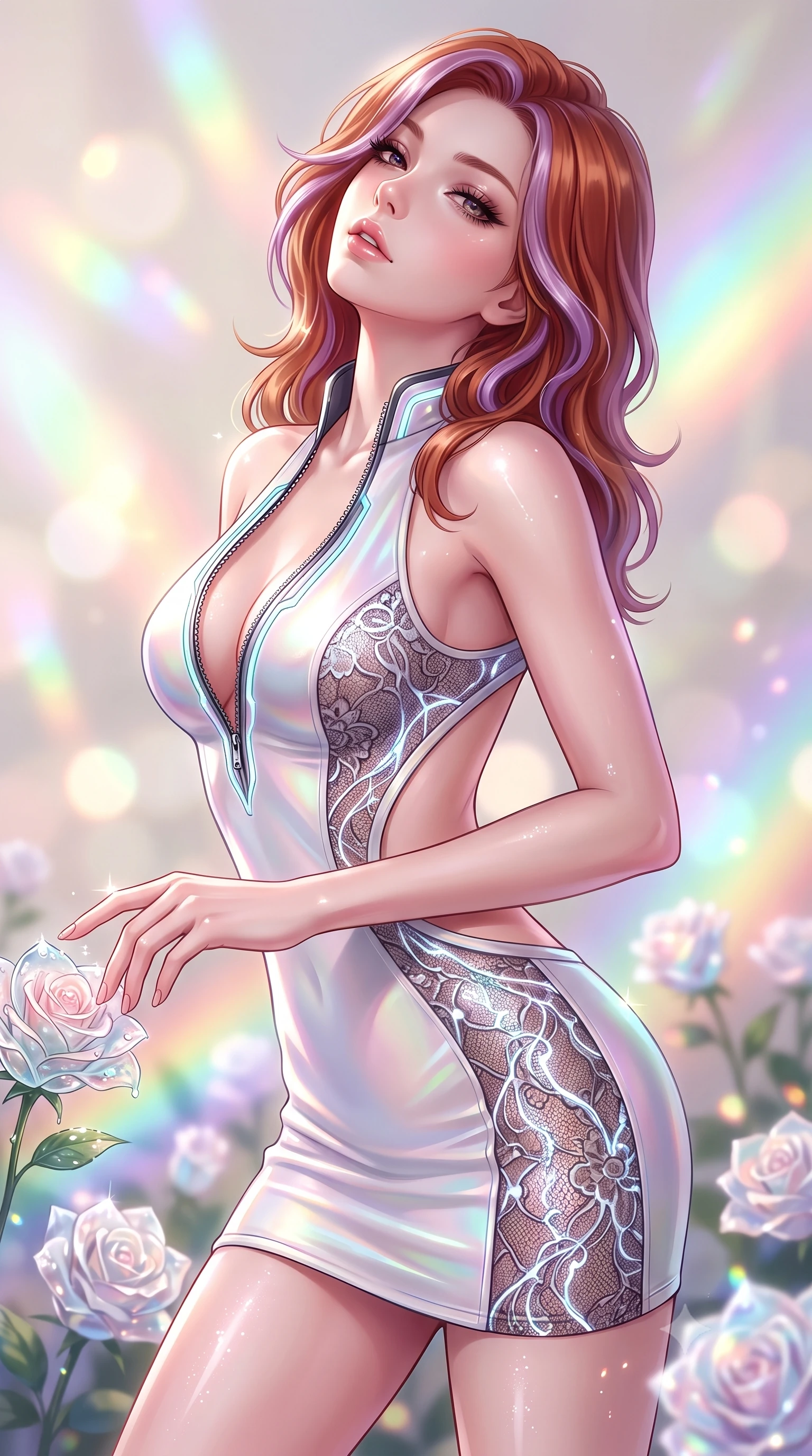 score_9, masterpiece, best quality, ultra-detailed, high-budget anime keyframe, semi-realistic 3D game render, editorial fashion photography, tasteful artistic composition, Caucasian woman. close-up cowboy shot from the waist and thighs up, the character dominates the composition, filling the frame with her large presence. tilting her head back with a sensual alluring expression, exposing her throat and shoulders to the camera with heavy lashes and softly parted glossy lips while reaching one arm out to touch a dewy glass blossom while looking over her shoulder with seductive poise. The composition keeps background elements in soft focus with creamy bokeh. blooming crystal roses and rainbow spectrum light beams blurred into dazzling, radiant pastel bokeh. She has an exceptionally elegant, slender, and willowy female figure with an ultra-slim waist, a gracefully sculpted slender torso, toned flat midriff, and a refined slim silhouette. sharp v-shaped jawline, high-bridge nose, intricate jewel-like eyes with depth, thick eyelashes, glossy lips with a natural sheen, flawlessly proportioned anatomical accuracy, strict slender model proportions, natural body alignment, perfectly sculpted long slender limbs, ultra-slim waistline, clean dynamic posture without body distortion. wearing a second-skin fashion-latex mini dress with a clean architectural front, featuring an open-back design that wraps around the sides of her waist, showcasing her slender silhouette in glistening liquid pearl white with rainbow opalescence, crafted from delicate dark lace interwoven with luminescent micro-fibers, featuring a dangerously unzipped neckline framed by glowing cybernetic accents, the liquid-tight tailored fabric emphasizing every curve of her tall, slender model proportions and sculptured silhouette during dynamic movement. illuminated by fresh botanical ambient radiance and sparkling specular highlights tracing her curves. highly saturated vibrant anime colors, detailed shading with soft gradients, rich glossy textures, high-contrast stereoscopic depth, volumetric dynamic lighting, master piece, 9:16 ratio