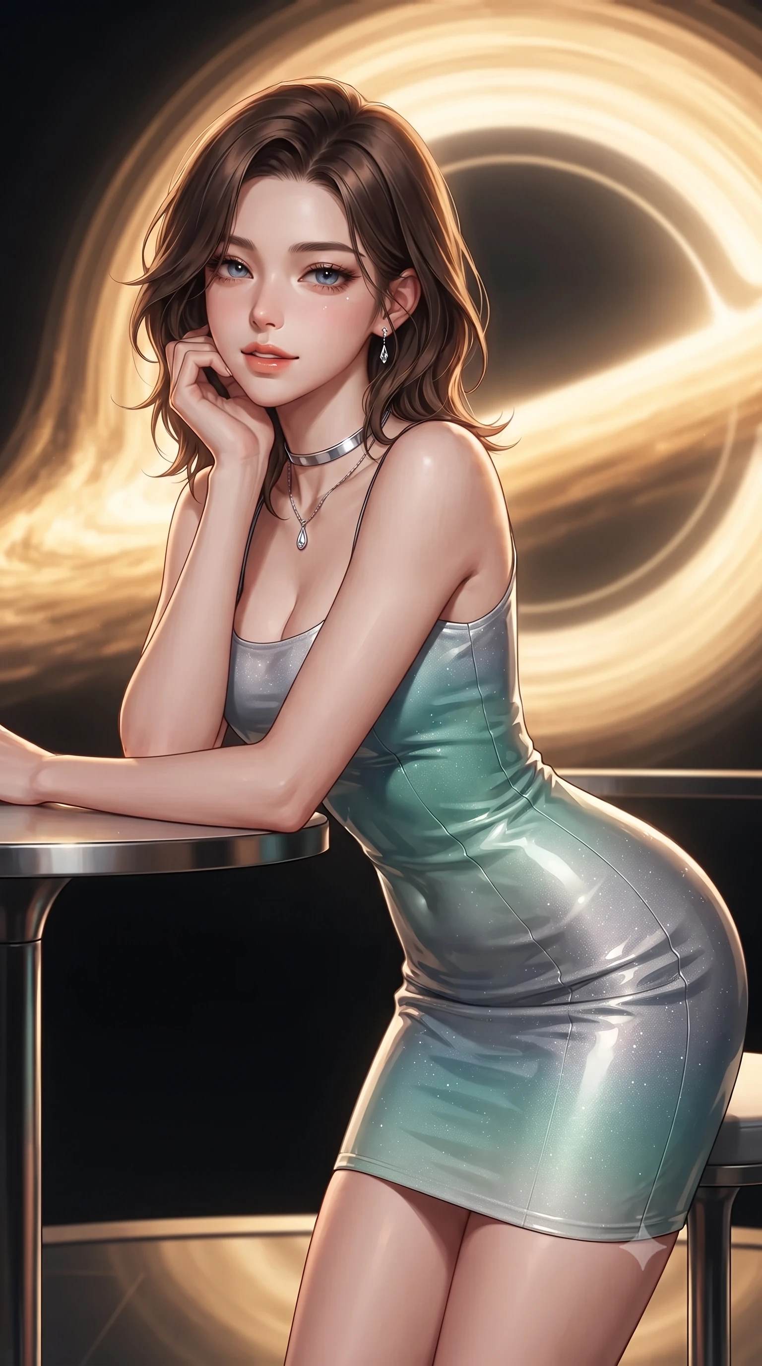 score_9, masterpiece, best quality, ultra-detailed, high-budget anime keyframe, editorial fashion photography, tasteful artistic composition, Korean woman. close-up cowboy shot from the waist and thighs up, the character dominates the composition, filling the frame with her large presence. resting one elbow on the table and supporting her chin, leaning close to the camera with heavy-lidded sparkling eyes and parted lips while standing poised on the cantilevered observation bridge before the monumental golden accretion disk of the singularity core, arching her lower back with sovereign supermodel grace. The background shows a soft-focus swirling golden accretion disk, curving gravitational lensing photon rings, and deep starfield distorted by extreme gravity blurred into amber, gold, and jet-black bokeh. She has an exceptionally elegant, slender, and willowy female figure with an ultra-slim waist, flat toned midriff, narrow ribcage, and sculpted feminine hips creating an alluring, slim hourglass silhouette without bulk. sharp v-shaped jawline, high-bridge nose, intricate jewel-like sparkling eyes with depth, thick eyelashes, glossy parted lips with a natural peach sheen, bright cheerful beaming smile with an enchanting and coquettish sensual glint, exuding both youthful cute charm and seductive allure, flawlessly proportioned anatomical accuracy, strict slender model proportions, natural body alignment, perfectly sculpted long slender limbs, ultra-slim waistline, clean dynamic posture without body distortion. wearing an ultra-sleek high-gloss patent leather sheath dress contouring her ultra-slim waistline and feminine hips in polar aurora jade and starlight platinum, woven from structured carbon-fiber jacquard with rich textural depth, finished with a minimalist chrome choker and a single teardrop diamond pendant, the liquid-tight tailored fabric clinging flawlessly to her narrow waist and rounded feminine hips, emphasizing every millimeter of her sculpted slim hourglass curves without any bulky heaviness. bathed in the blinding golden synchrotron radiation of the accretion disk contrasted with deep obsidian shadow gradients. ultra-reflective glossy finish, specular highlights, rich textural contrasts, high-contrast stereoscopic depth, volumetric dynamic lighting, 2k, ultra detail, master piece, 9:16 ratio
