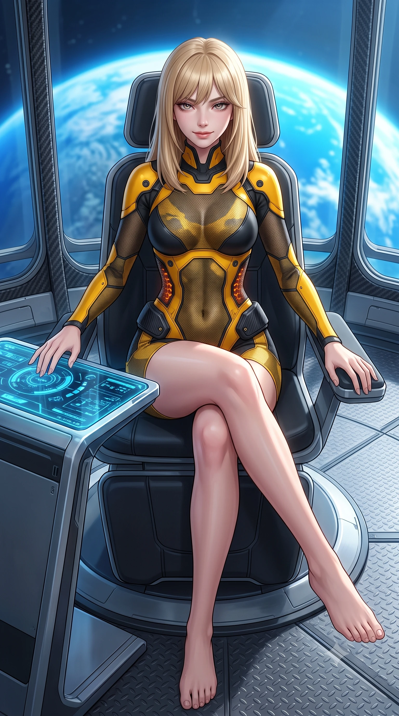 score_9, masterpiece, best quality, ultra-detailed, high-budget anime keyframe, semi-realistic 3D game render, editorial fashion photography, tasteful artistic composition, Japanese woman. close-up cowboy shot from the waist and thighs up, the character dominates the composition, filling the frame with her large presence. resting both hands lightly on the holoscreen pedestal while leaning toward the lens with a teasing smirk, her tight combat suit hugging her narrow waist and feminine hip curve while lounging in an ergonomic gravity lounge seat with legs crossed, her statuesque presence commanding the monumental space elevator view. The surrounding environment is rendered in vivid detail and crisp panoramic clarity: sharp carbon-nanotube tether weave texture, curved panoramic glass window gaskets, and titanium floor plates in deep focus. She has an exceptionally elegant, slender, and willowy female figure with an ultra-slim waist, flat toned midriff, narrow ribcage, and sculpted feminine hips creating an alluring, slim hourglass silhouette without bulk. sharp v-shaped jawline, high-bridge nose, intricate jewel-like sparkling eyes with depth, thick eyelashes, glossy parted lips with a natural sheen, bright confident smile with an enchanting and coquettish sensual glint, exuding both youthful magnetic charm and sovereign high-tech allure, flawlessly proportioned anatomical accuracy, strict slender model proportions, natural body alignment, perfectly sculpted long slender limbs, ultra-slim waistline, clean dynamic posture without body distortion. wearing a second-skin cybernetic stealth suit with active-camo optical mesh and sculpted carbon hip guards in industrial hazard yellow and matte carbon black, crafted from sheer technical cyber-lace reinforced with ultra-thin Kevlar threads, accented with subtle hexagonal heat-sink vents glowing with dim orange thermal heat, the aerodynamic second-skin silhouette tightly following the natural contour of her hips and long slender legs with youthful 8.5-heads elegance. bathed in magnificent blue Earth-shine cascading through colossal panoramic viewing windows. highly saturated vibrant anime colors, detailed shading with soft gradients, rich glossy textures, high-contrast stereoscopic depth, volumetric dynamic lighting, master piece, 9:16 ratio